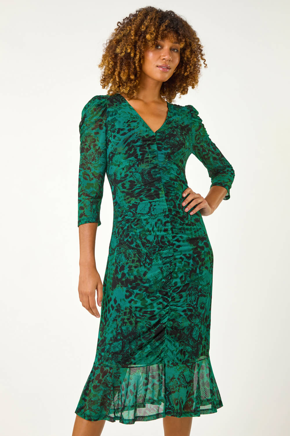 Green Printed Mesh Midi Dress, Image 5 of 5