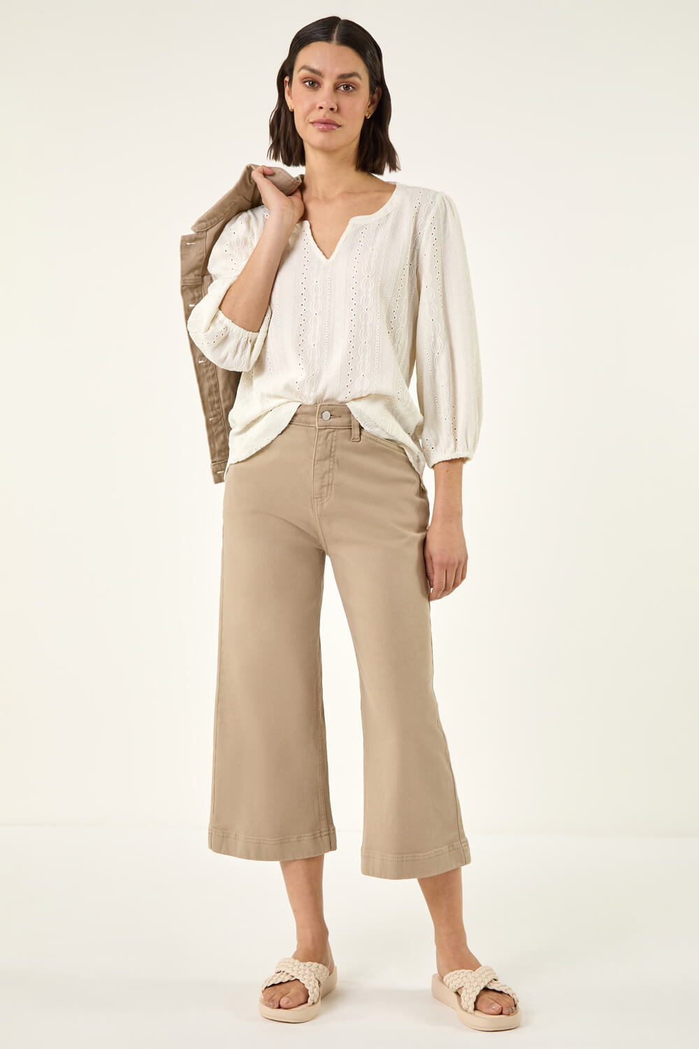Beige Wide Leg Stretch Denim Culottes, Image 4 of 6