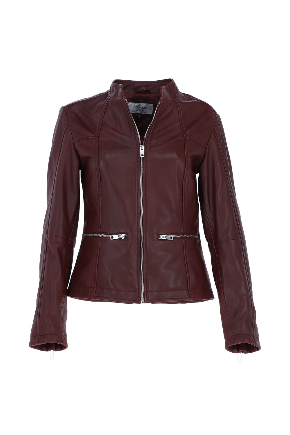 Burgundy 'Chiara' Mandarin Collar Real Leather Biker Jacket, Image 2 of 5