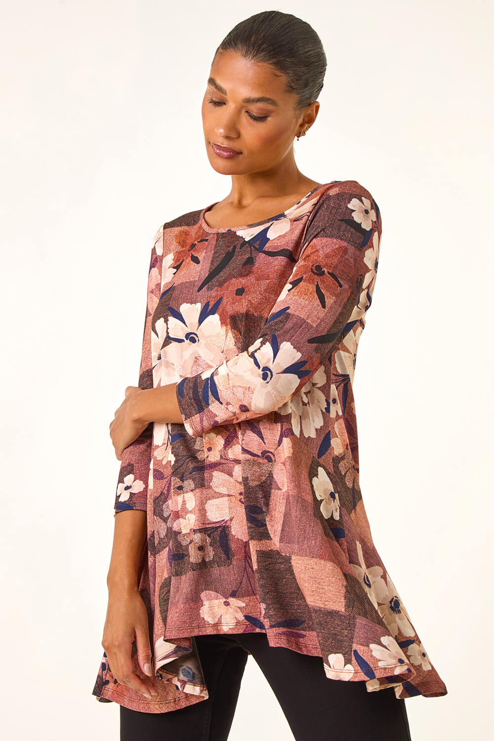 Roman Women's Brown Floral Print Hanky Hem Stretch Top Size 12