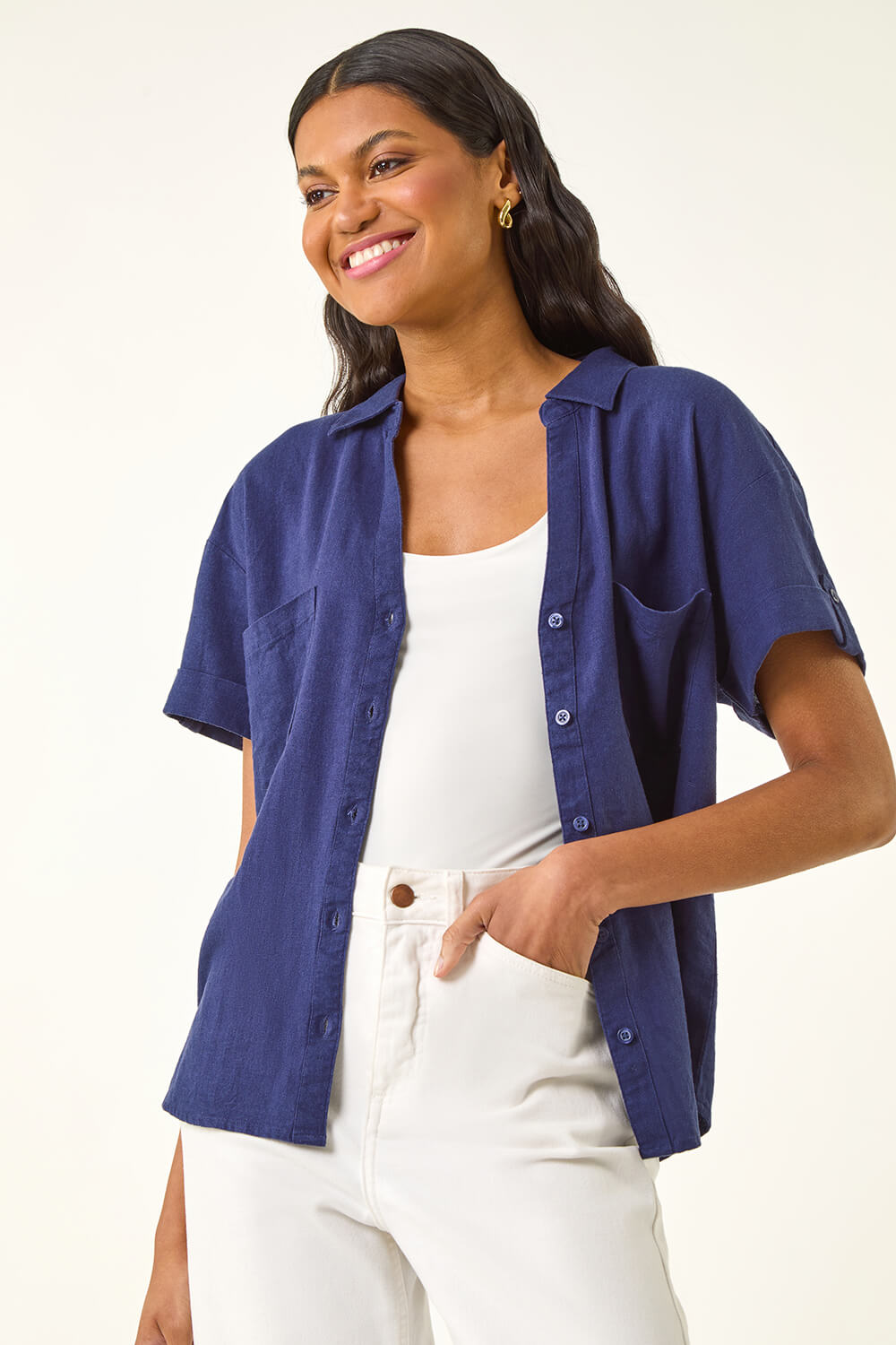 Navy Linen Blend Collared Shirt, Image 1 of 5