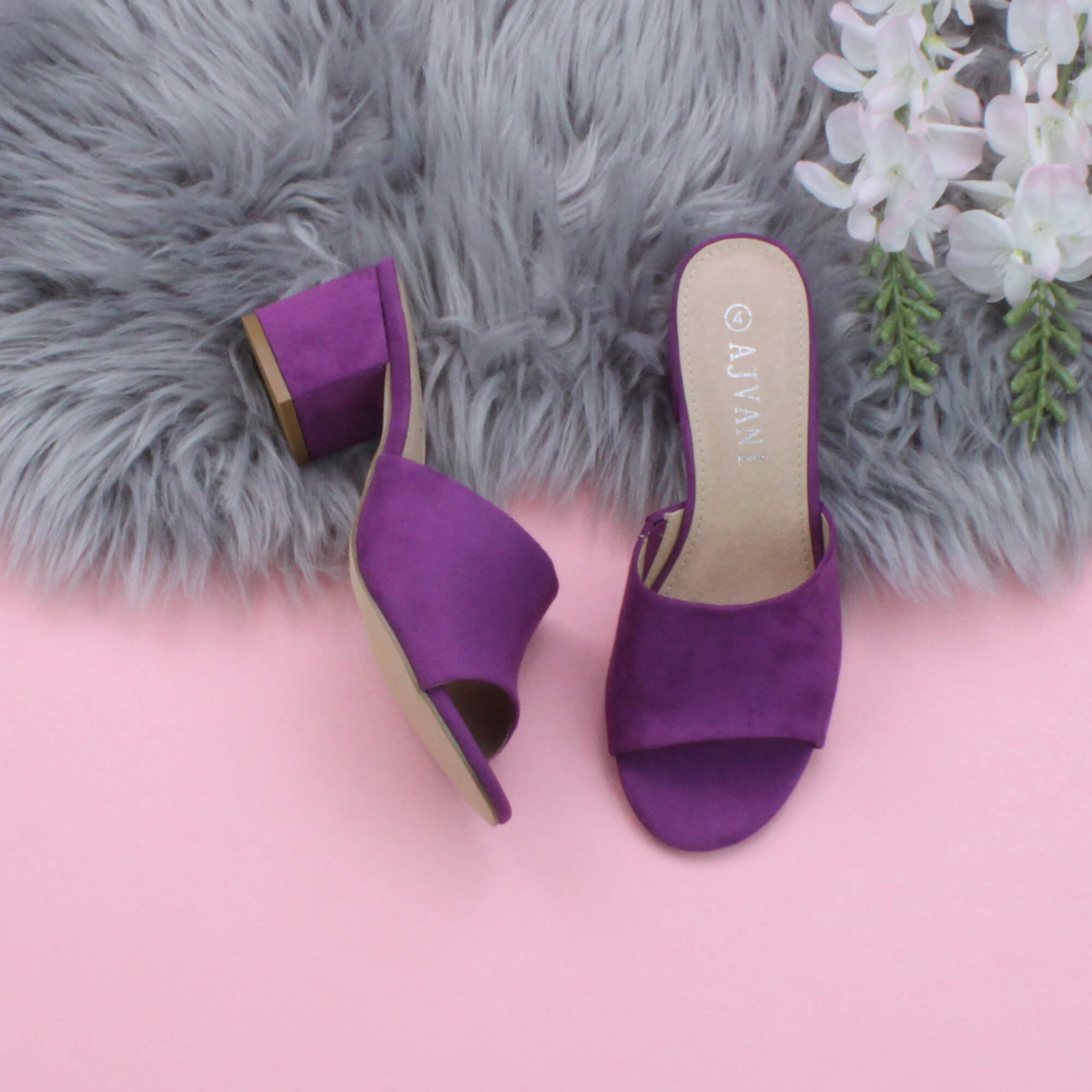 Purple AJVANI Purple Mid Block Heel Peep Toe Mules Sandals, Image 4 of 6