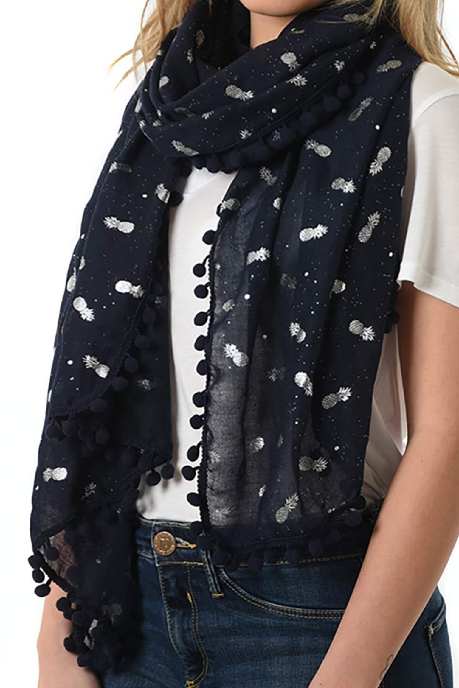 Navy Blue Pom Pom Pineapple Foil Scarf, Image 1 of 4