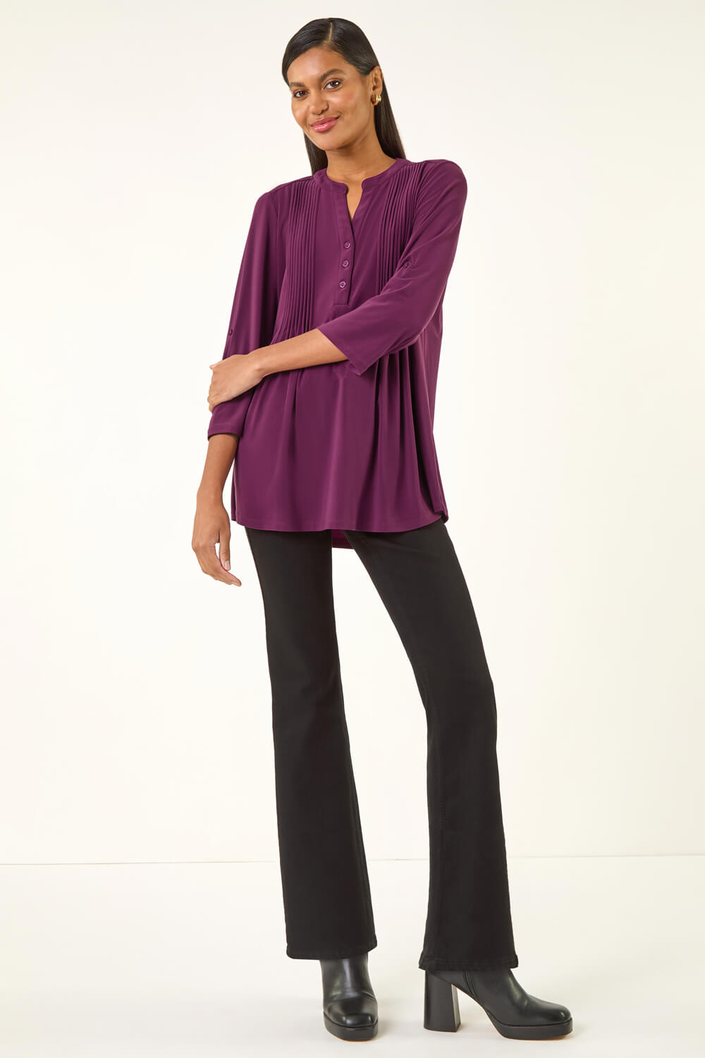Plum Pintuck Jersey Stretch Top, Image 3 of 5