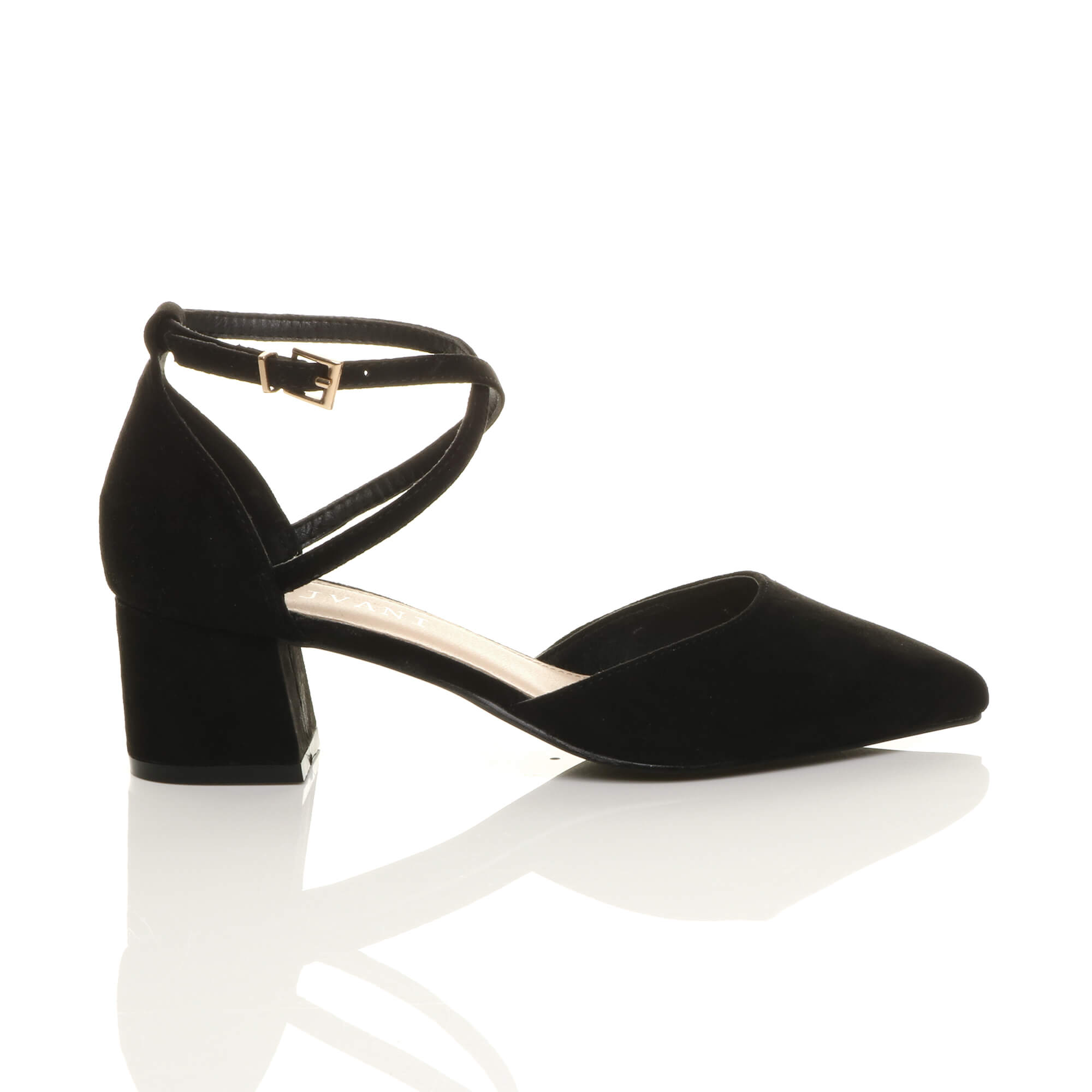 Black Mid Block Heel Crossed Strap Pointed Toe 2 Part Heels, Image 2 of 6