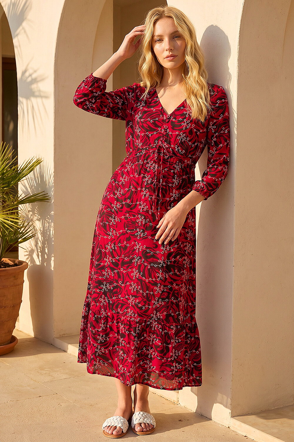 Red Embroidered Leaf Midi Dress, Image 3 of 4