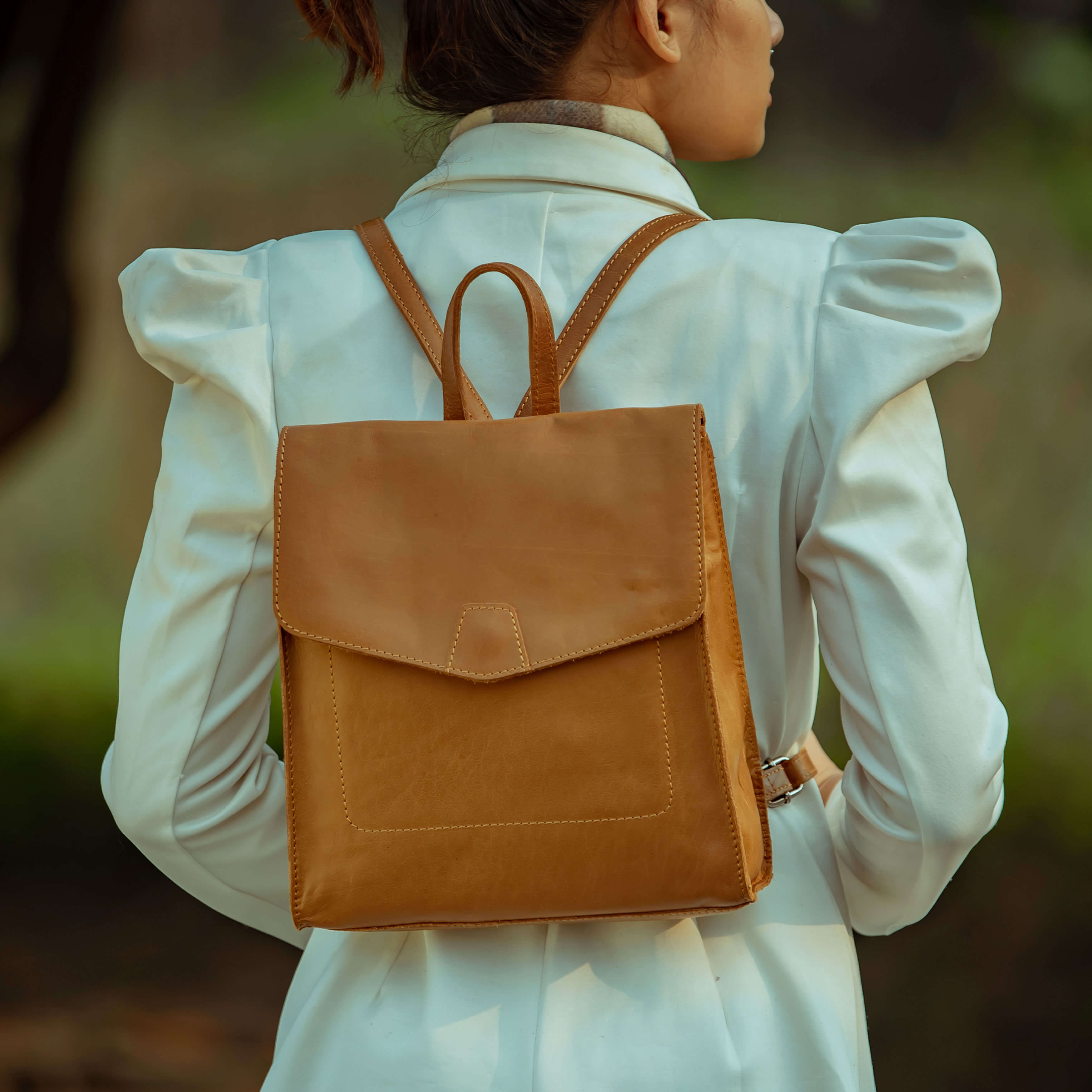 Tan 'MARGARET' Natural Grain Polished Leather Flap Over Backpack, Image 2 of 2