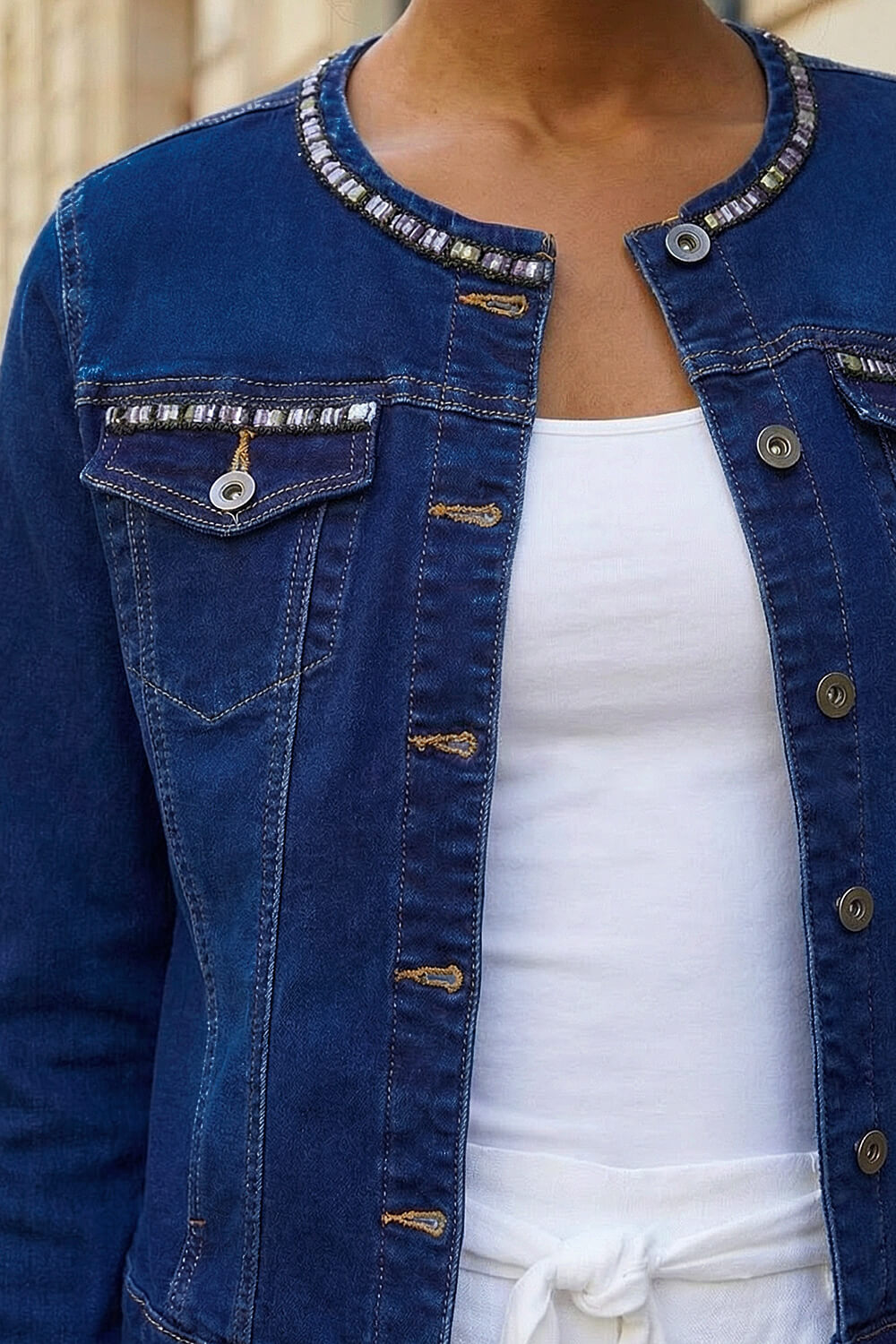 Indigo Collarless Tape Stretch Denim Jacket, Image 5 of 4