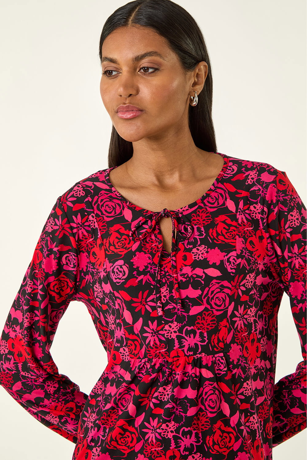 PINK Floral Tie Neck Top, Image 1 of 5