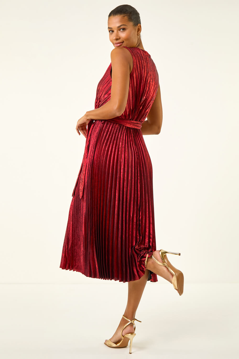Red Metallic Pleat Belted Midi Dress, Image 4 of 5