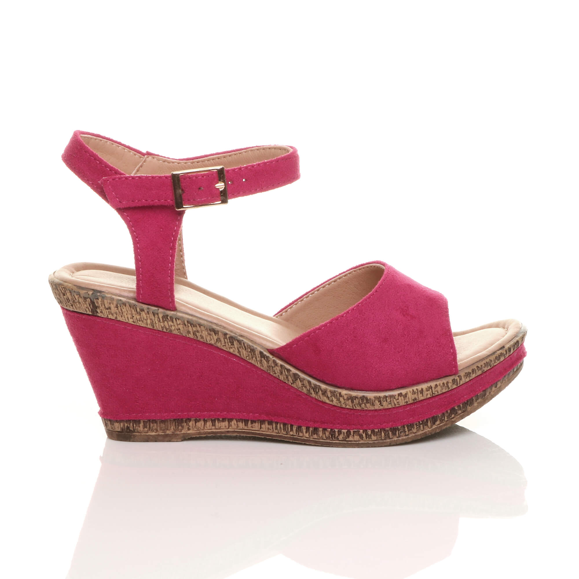 Fuchsia High Wedge Heel Ankle Strap Cork Sandals, Image 2 of 6