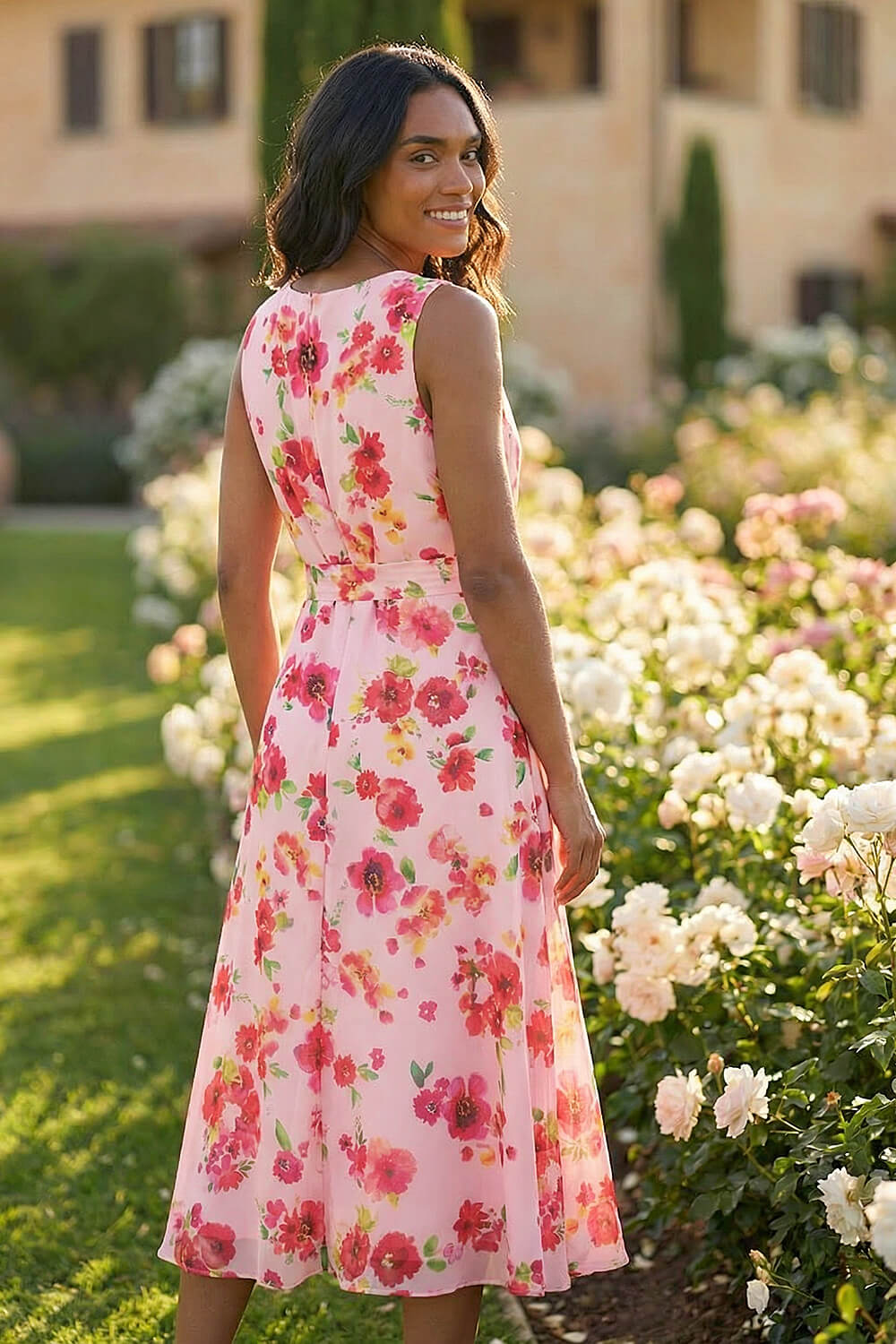 Pink Floral Pleated Chiffon Midi Dress | Roman UK