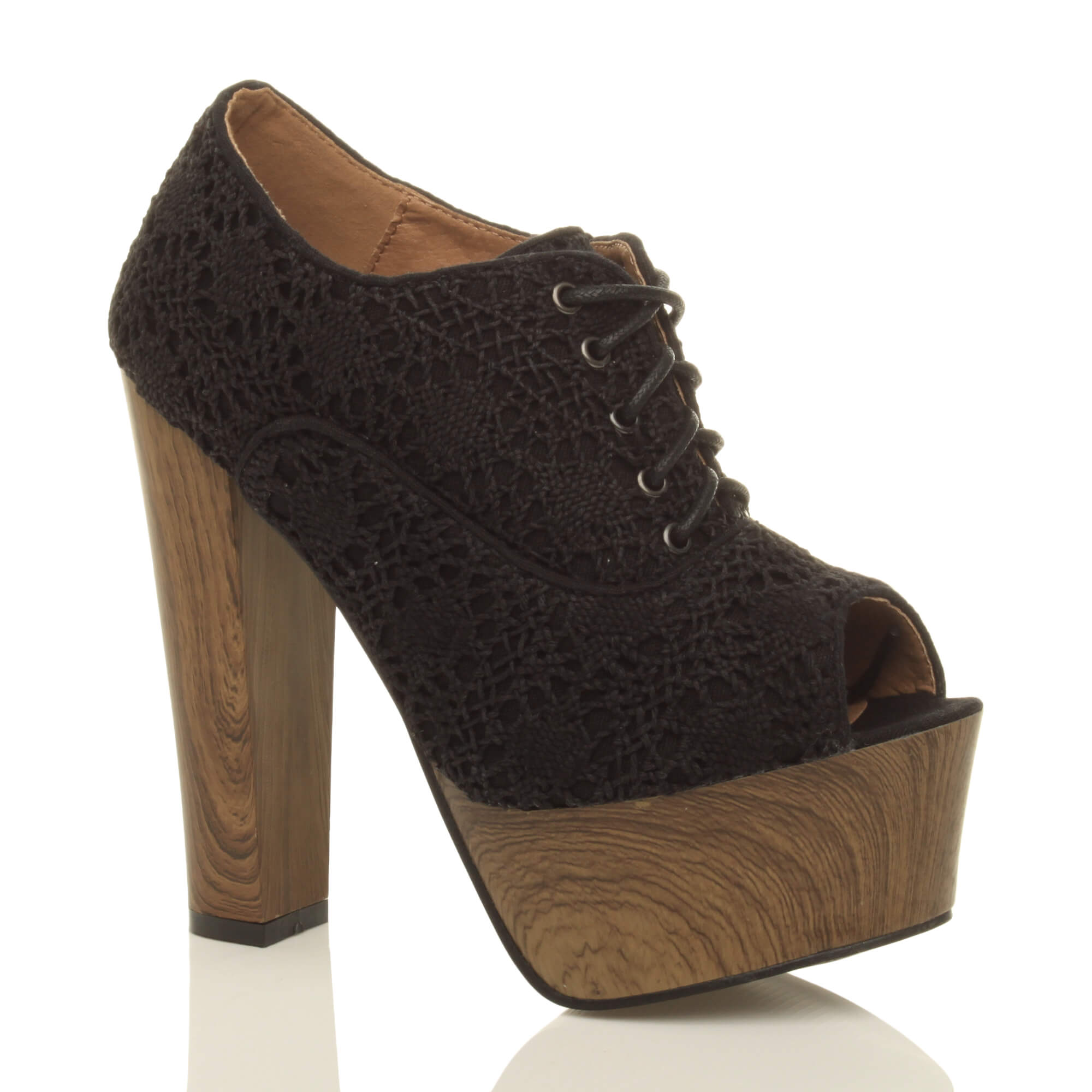 Black High Heel Crochet Lace Up Platform Peep Toe Shoe Boots, Image 1 of 5