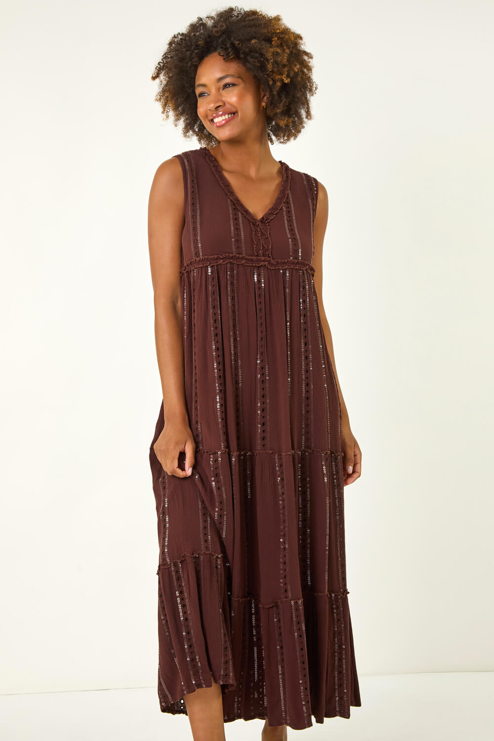Chocolate Sequin Tiered Maxi Dress, Image 3 of 5