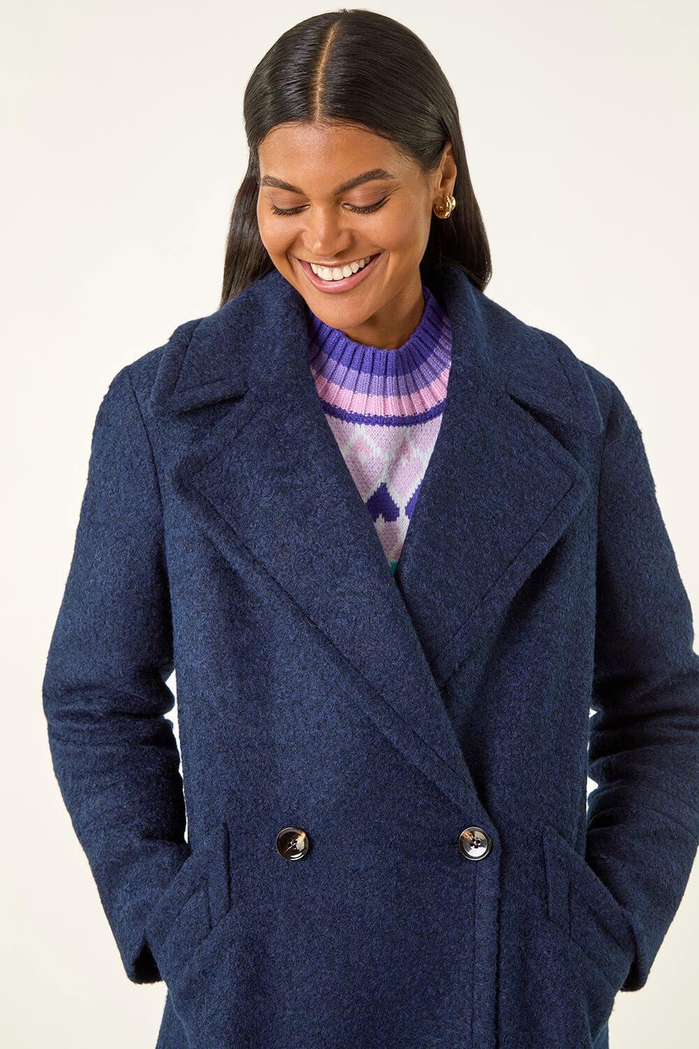 Navy Textured Buttoned Boucle Coat, Image 5 of 5
