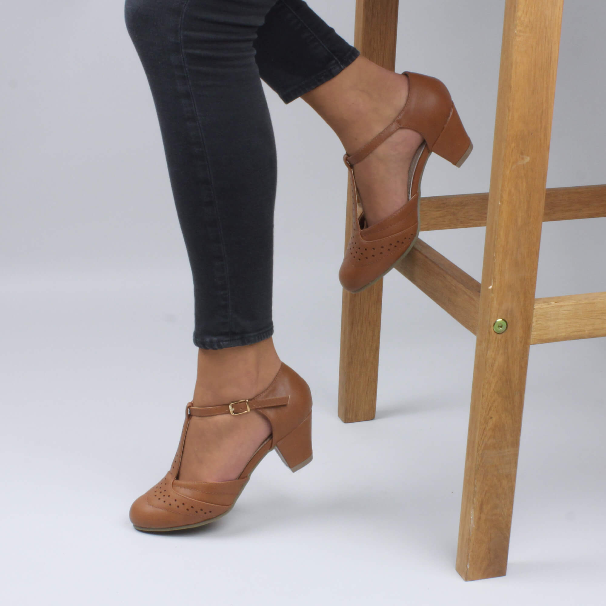 Tan Mid Heel Comfort T-Bar Brogue Heels, Image 5 of 6