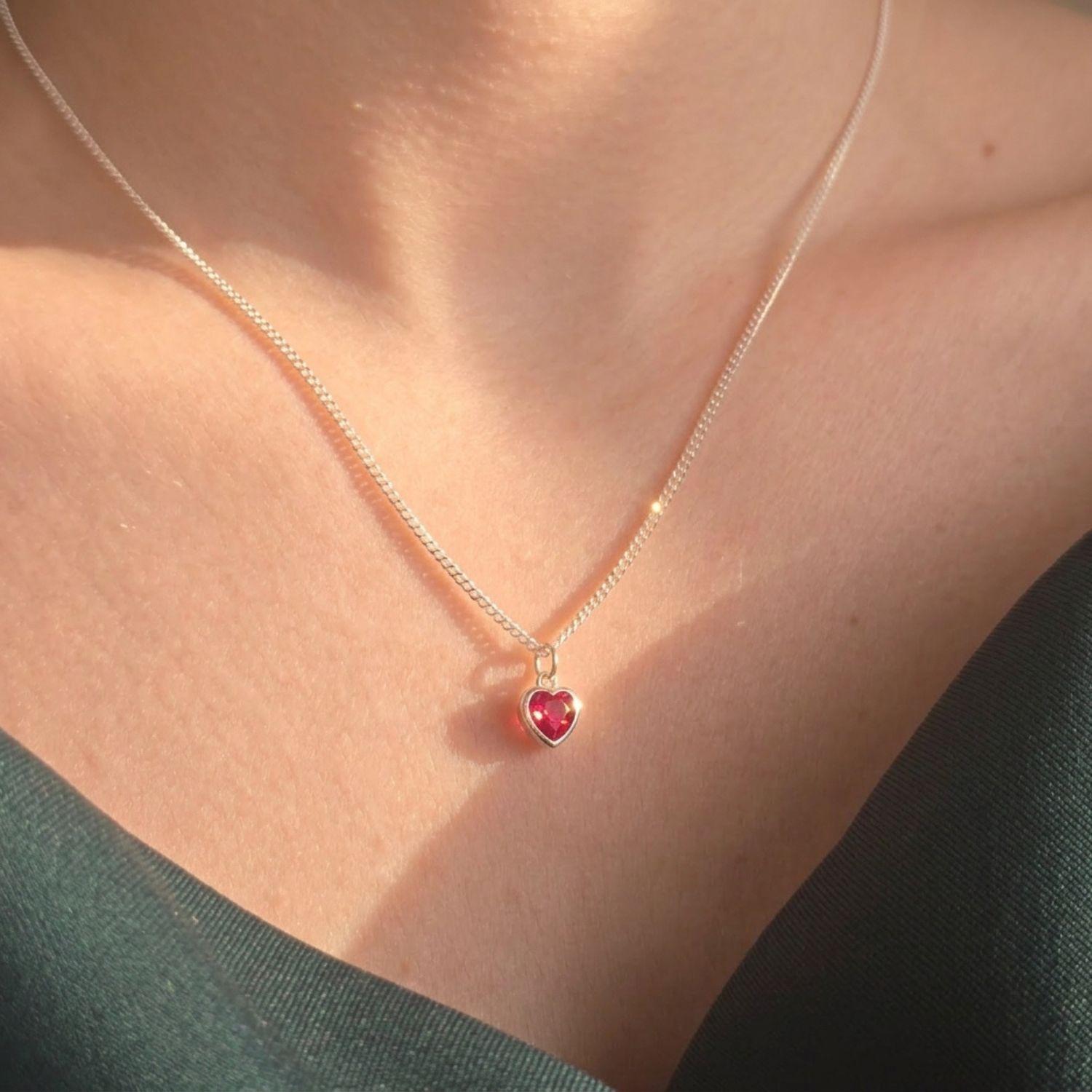 Pink Mini Heart Silver Ruby July Birthstone Necklace, Image 2 of 4