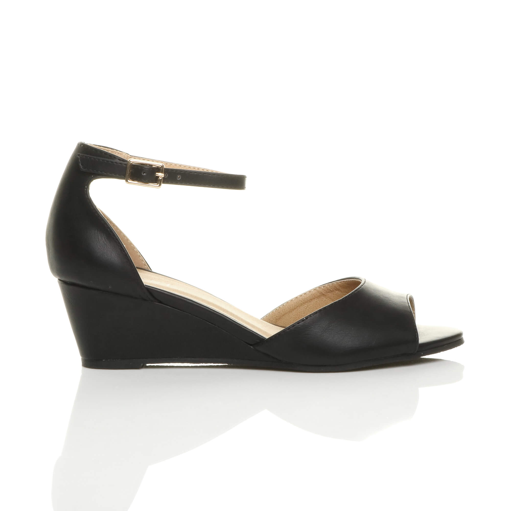 Black AJVANI Black Mid Wedge Heel Ankle Strap Sandals, Image 2 of 6