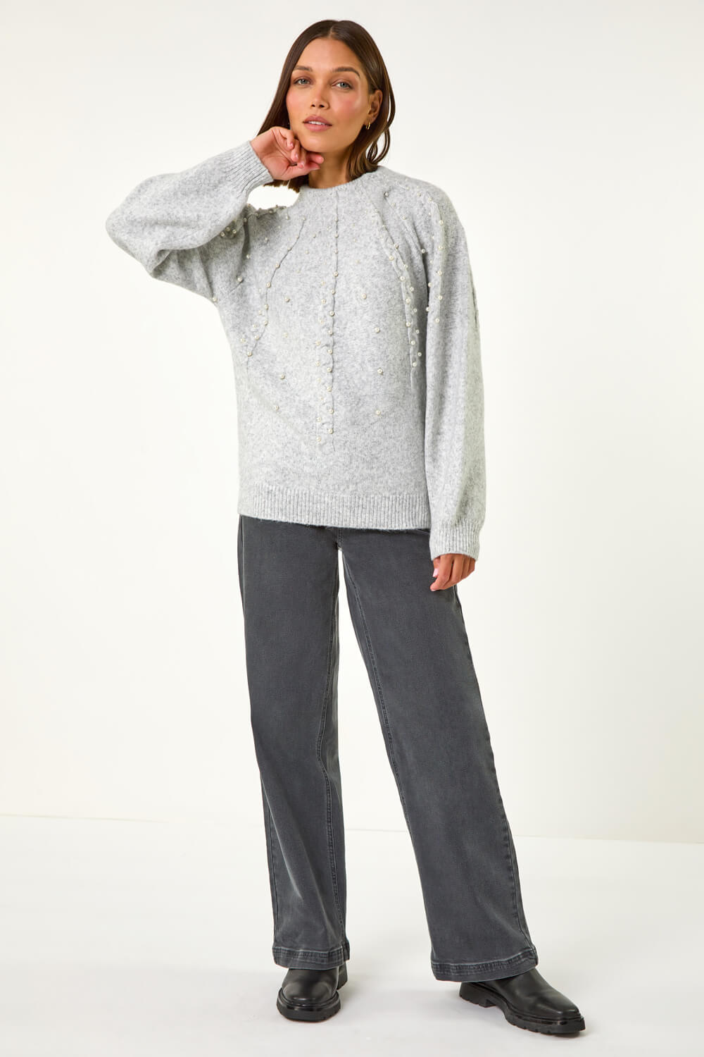 Light Grey Faux Pearl Cable Knit Jumper, Image 3 of 5