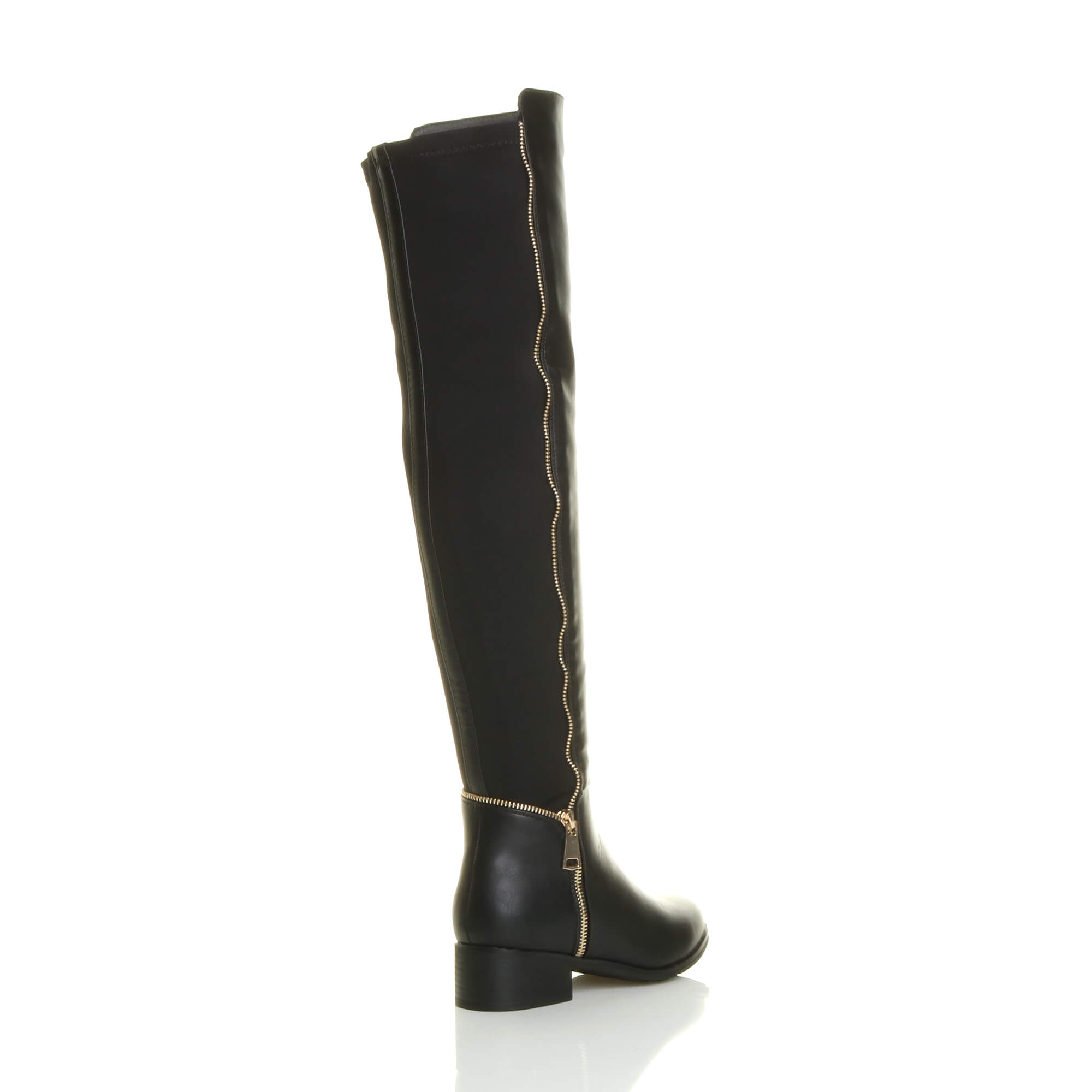 Black AJVANI Black Elastic Gold Zip Over The Knee Boots, Image 4 of 6