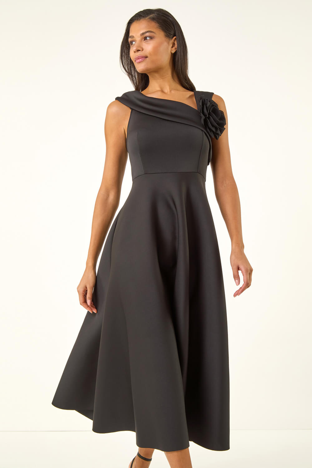 Black Corsage Premium Stretch Midi Dress, Image 5 of 5
