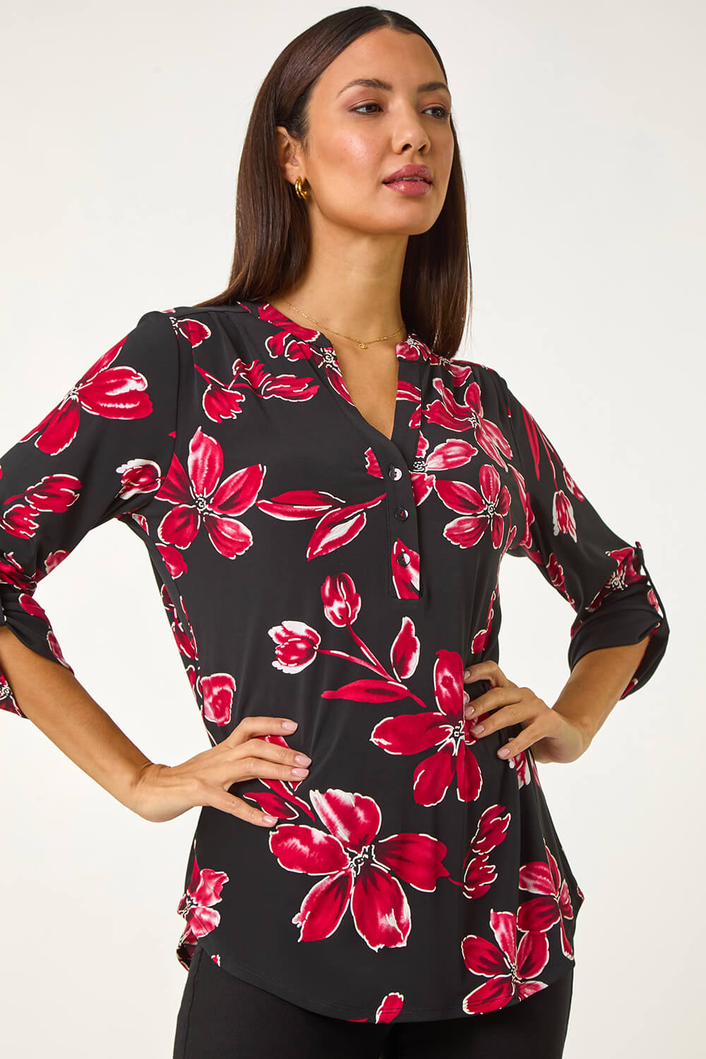 Red Textured Floral Print V-Neck Stretch Shirt, Image 1 of 5