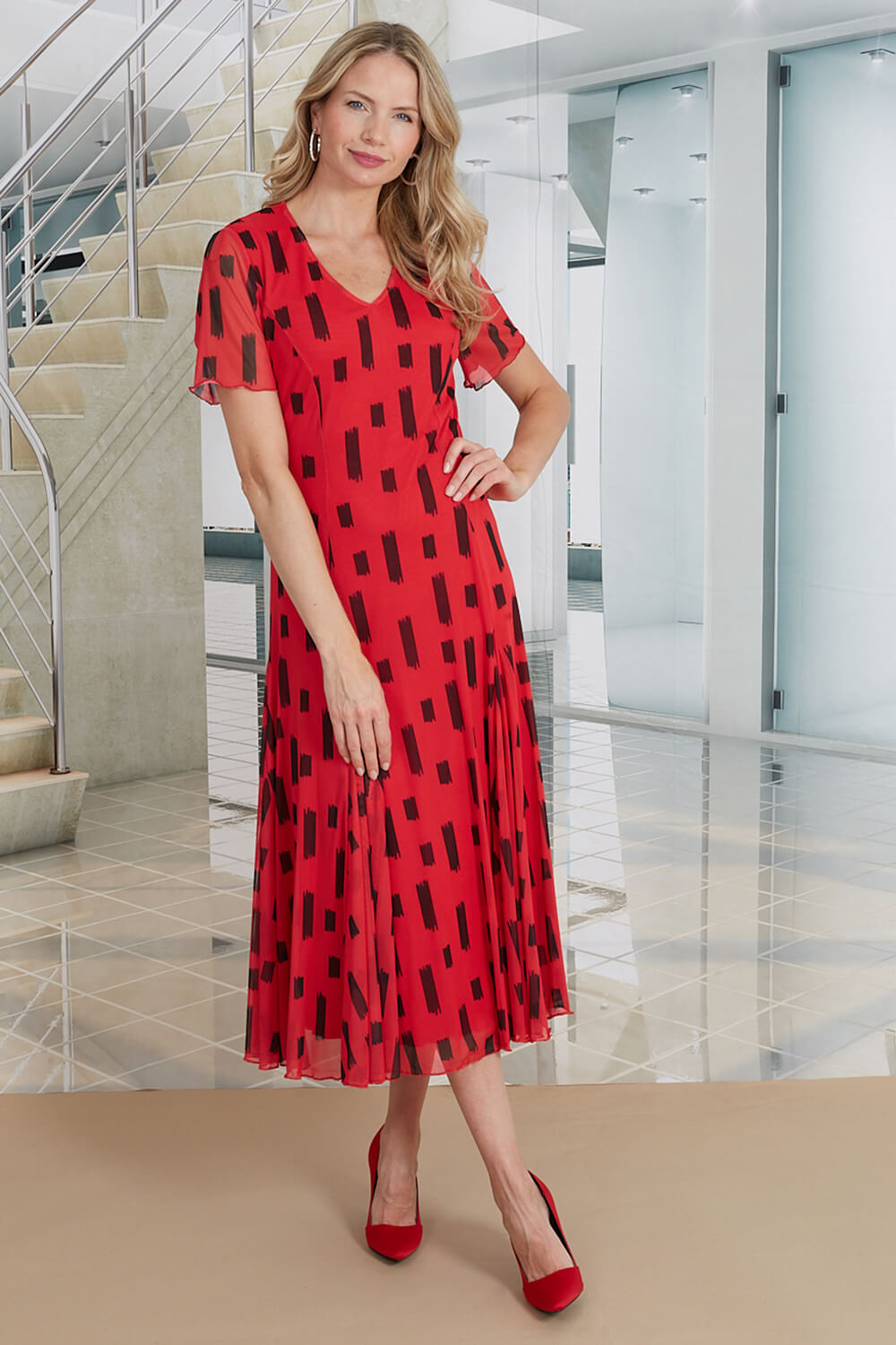 Red Julianna Print Mesh V-Neck Godet Dress, Image 1 of 3