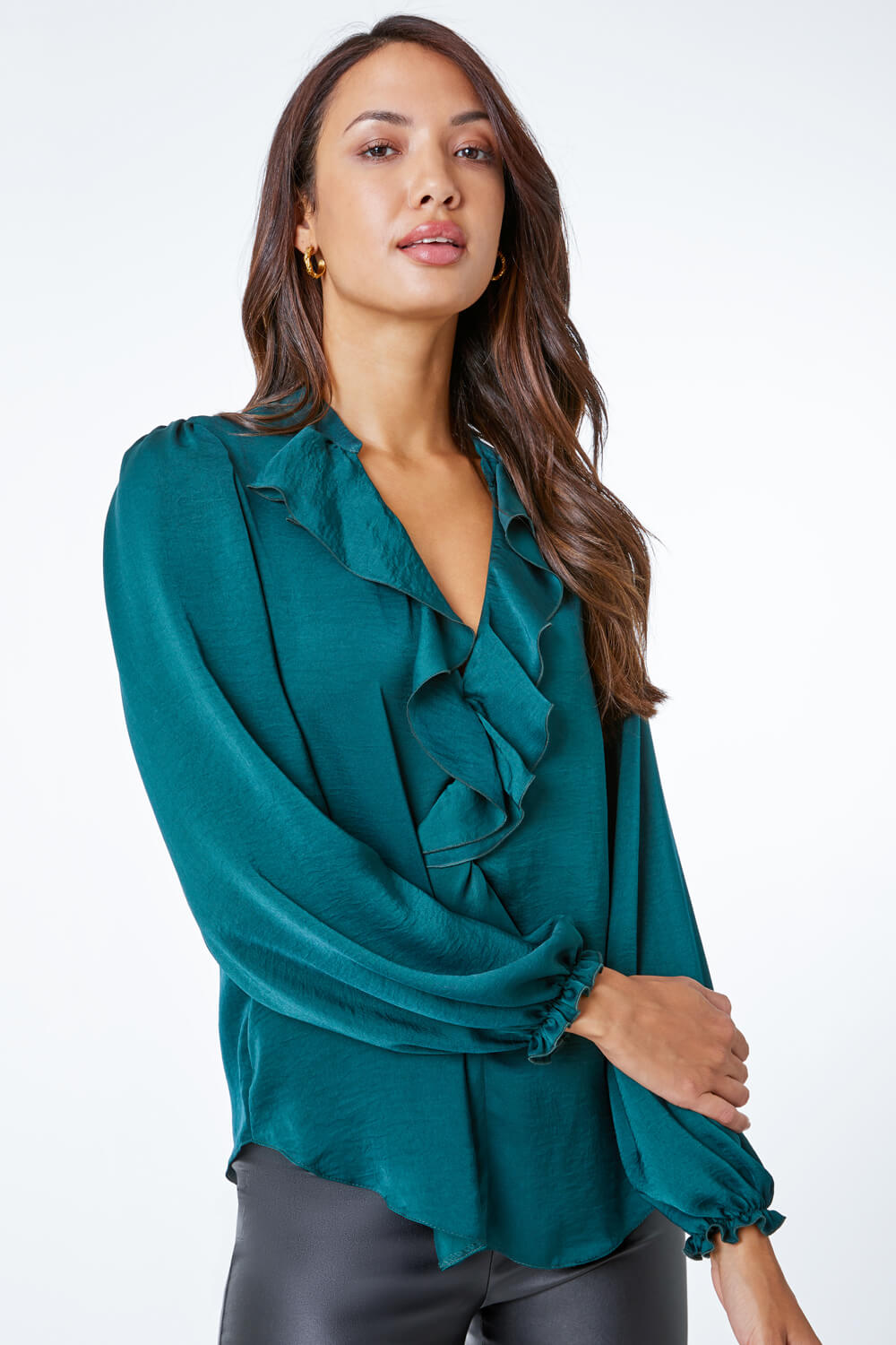 Green Satin Ruffle Neck Blouse , Image 3 of 5