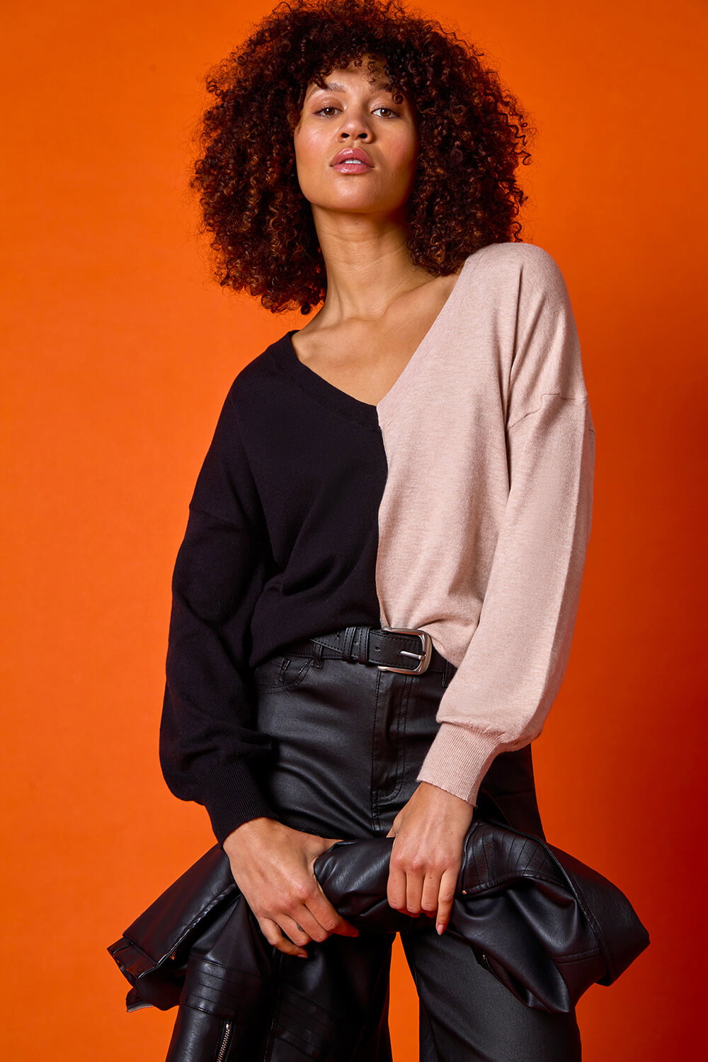 Natural  V-Neck Colour Block Knit Jumper, Image 7 of 7