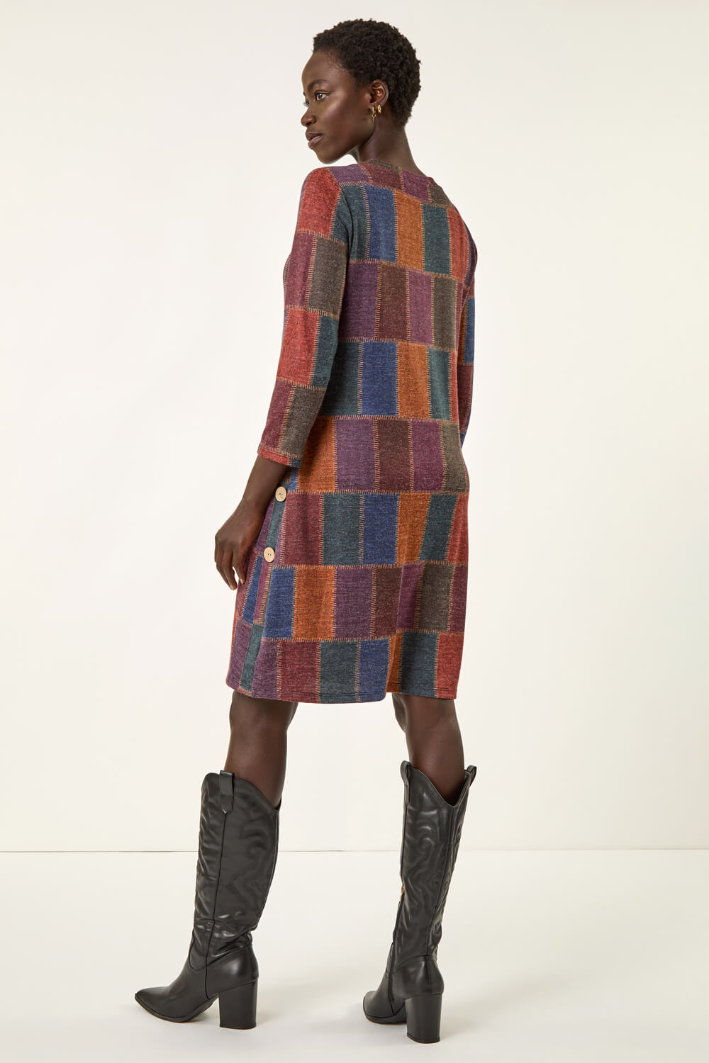 Red Patchwork Button Swing Dress, Image 4 of 5