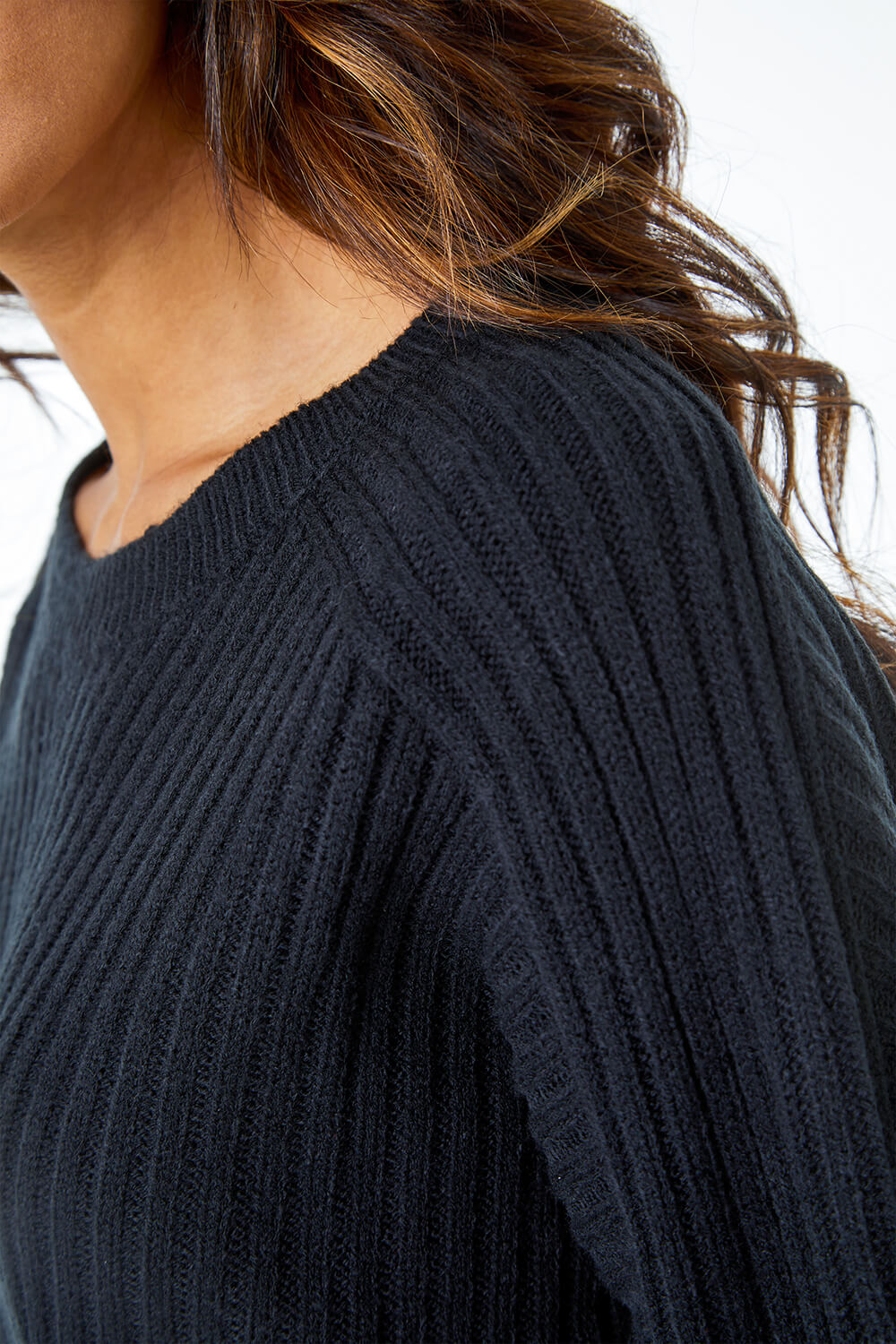 Black Geometric Longline Ribbed Batwing Jumper, Image 6 of 5