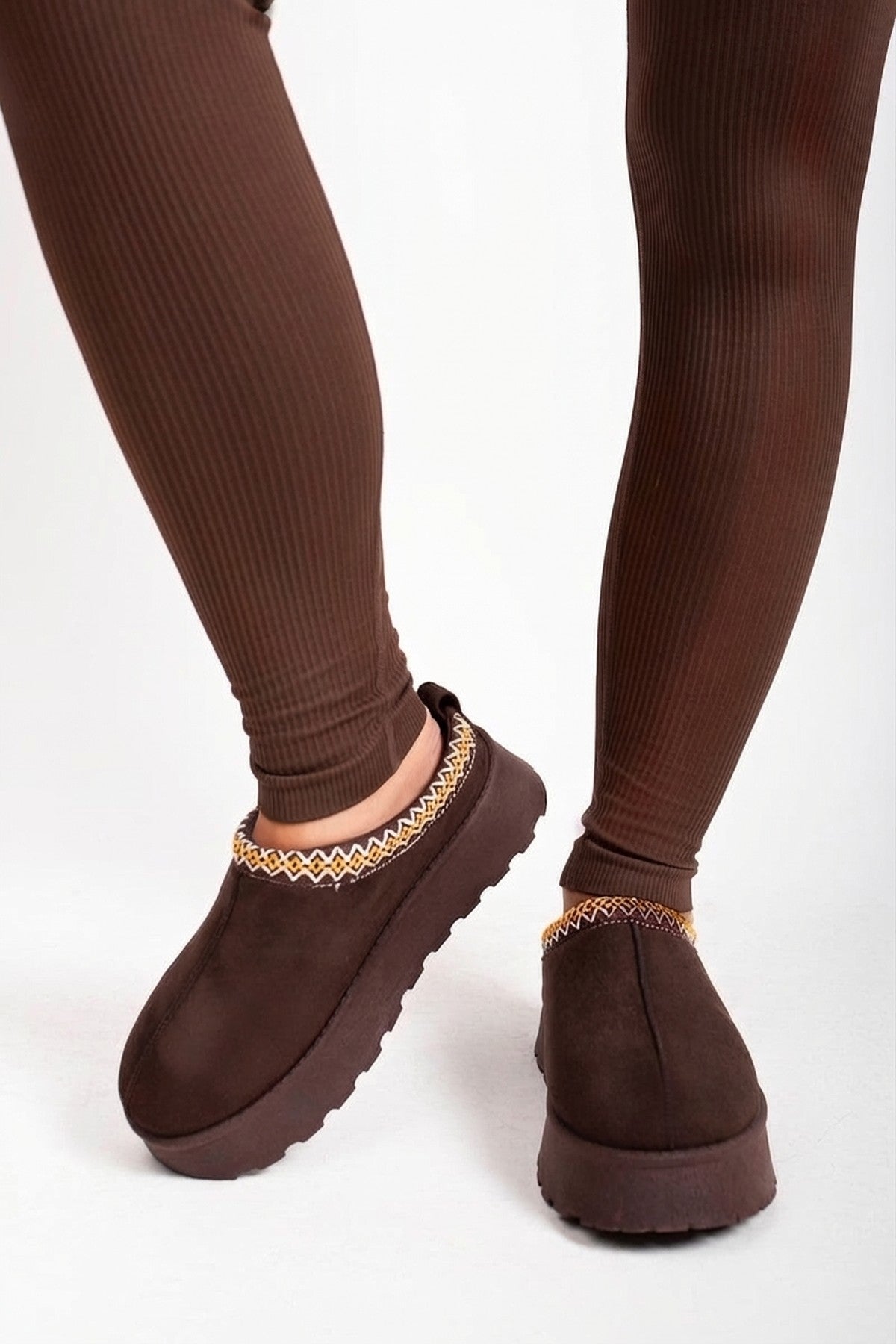 Brown iKrush Brown Jolene Aztec Detail Low Ankle Platform Slipper Boots, Image 5 of 8