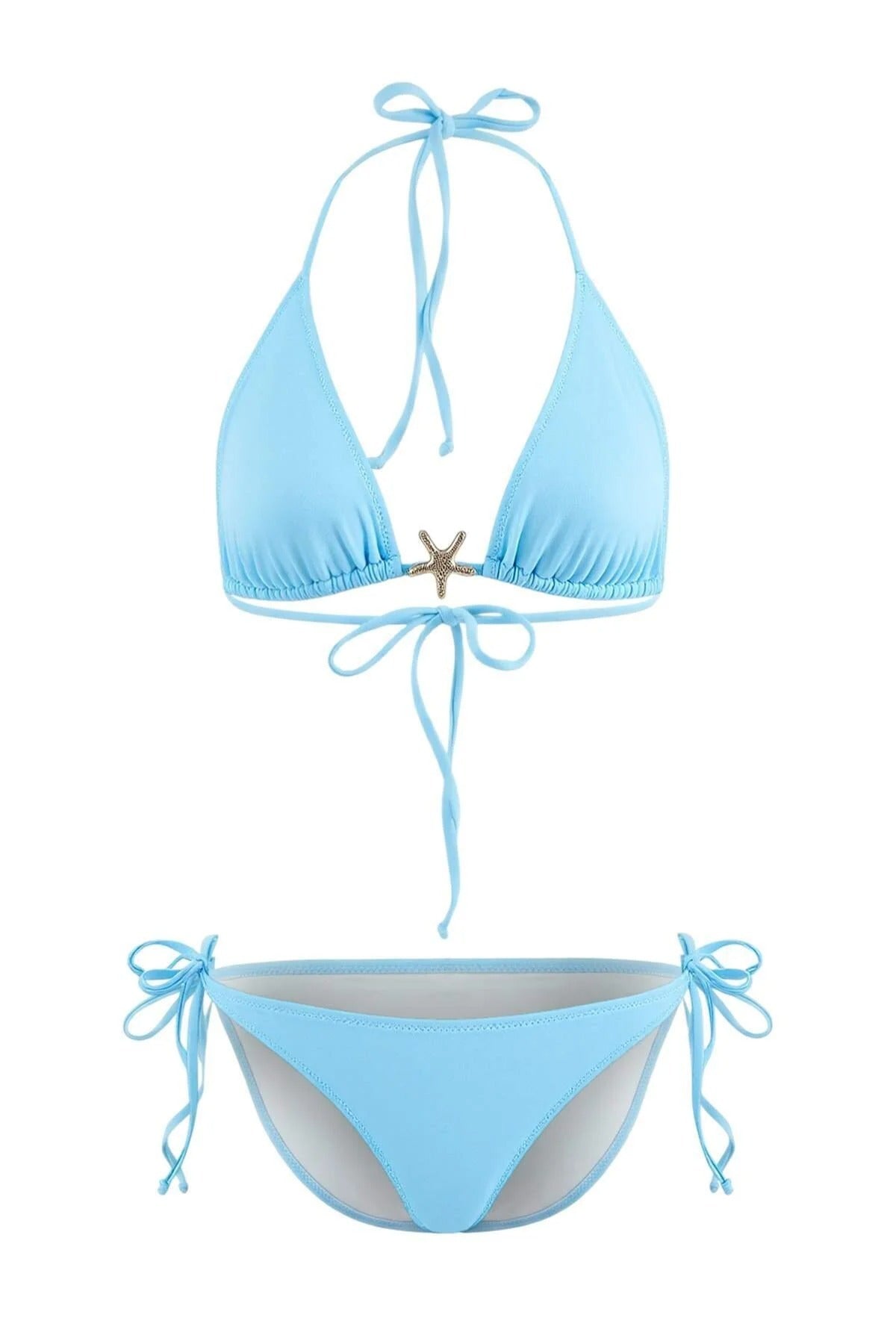 Turqouise WOVCOR Turqouise Triangle Bikini Set with Star Detail and Tie Side Bottom, Image 1 of 2