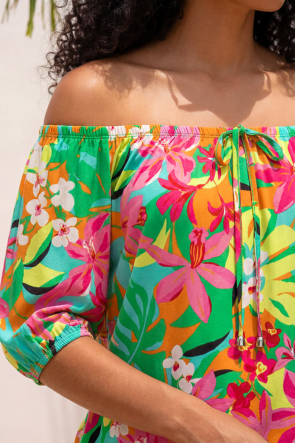 Green Floral Print Bardot Top, Image 5 of 4
