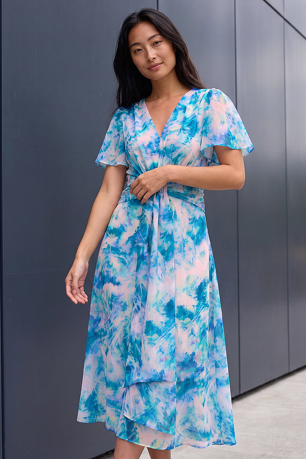 Roman Petite Women's Turquoise Abstract Print Ruched Midi Dress Size 14