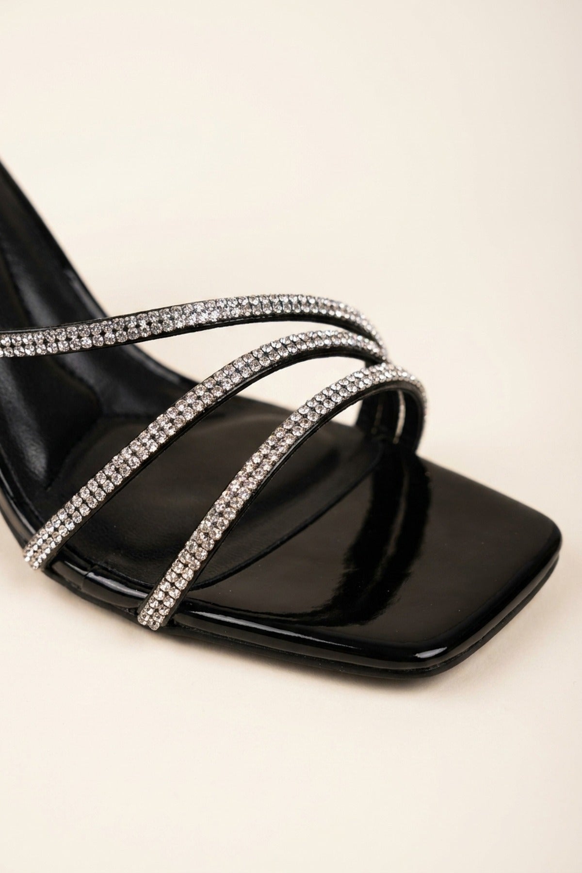 Black Pearl Patent Rhinestone Strap Square Sandals, Image 3 of 5