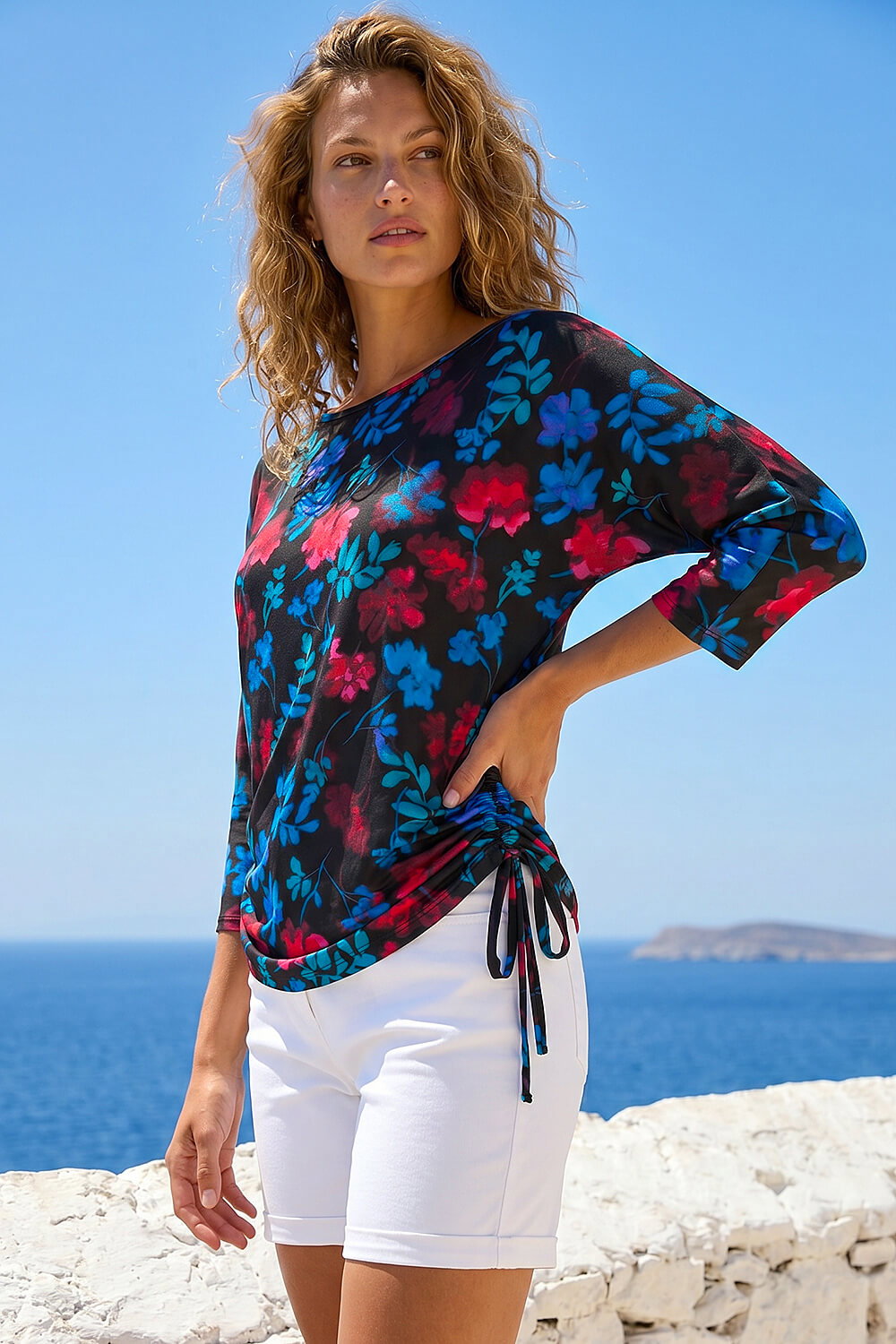 Blue Floral Print Tie Detail Stretch Top, Image 3 of 4