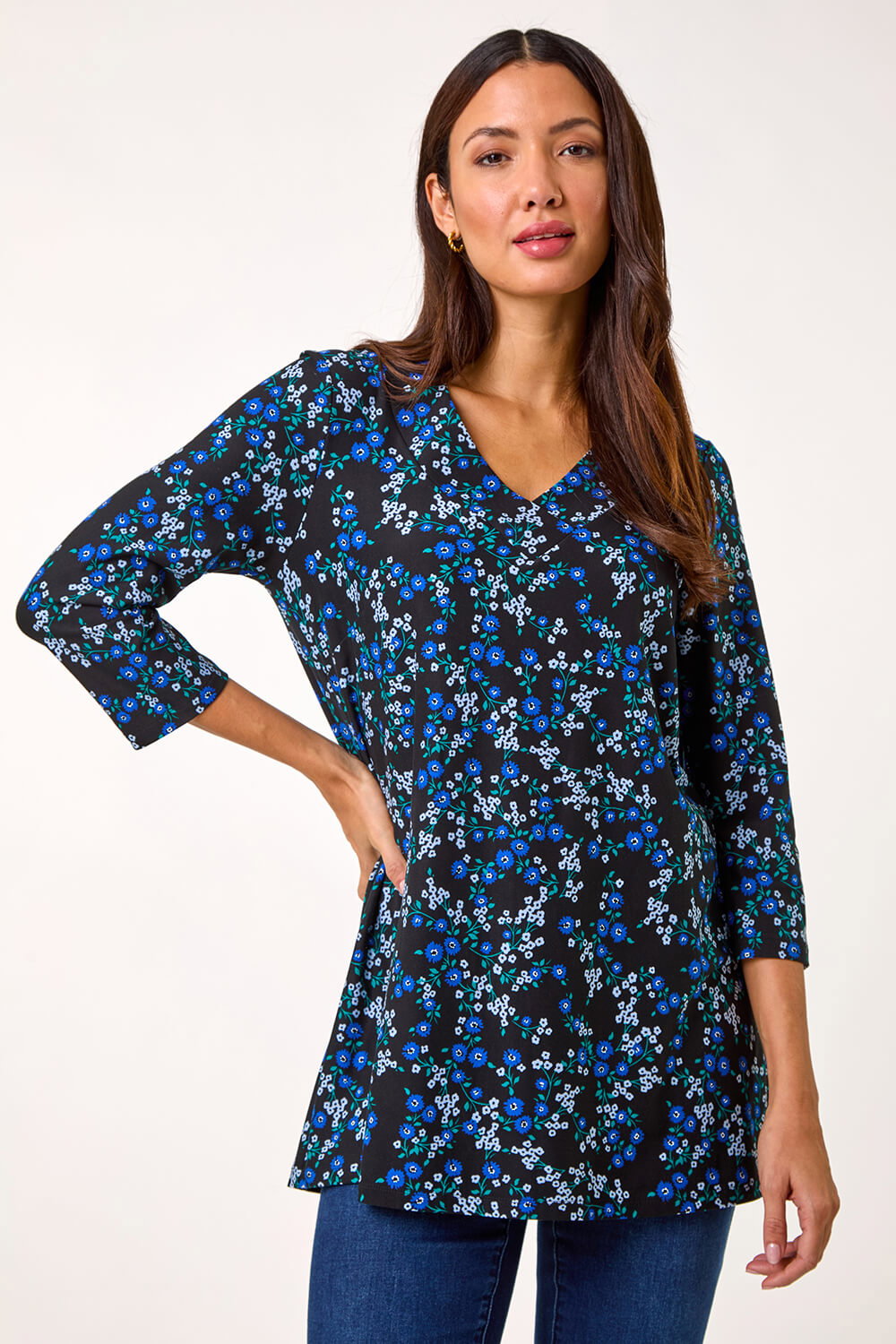 Blue Floral Print V-Neck Stretch Tunic Top, Image 1 of 5