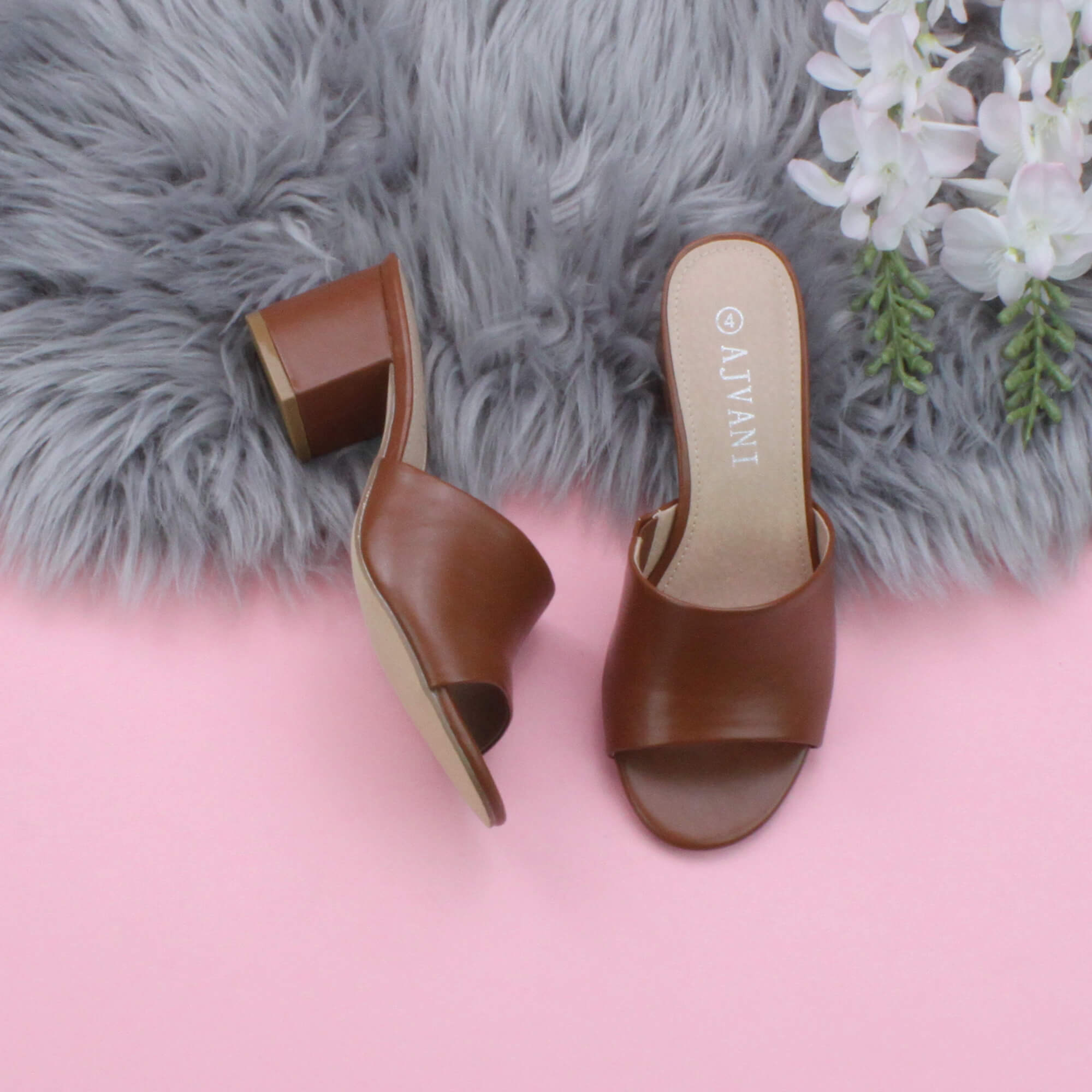 Tan AJVANI Tan Mid Block Heel Peep Toe Mules Sandals, Image 4 of 6
