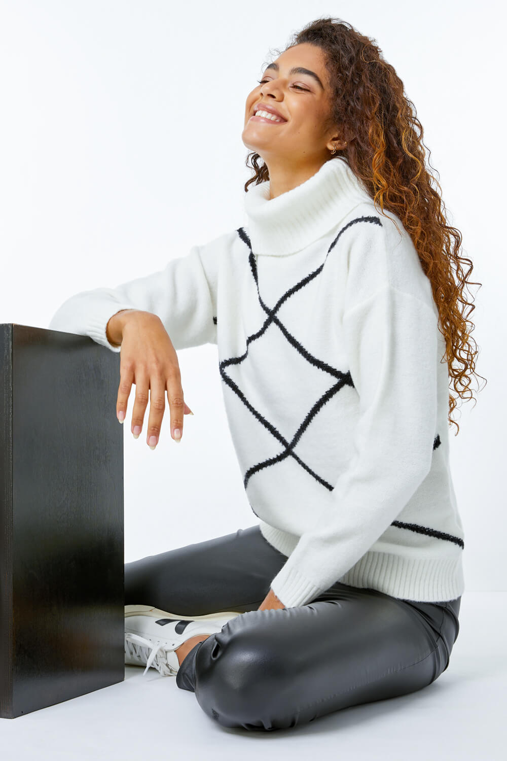 Ivory Check Print Roll Neck Jumper, Image 1 of 5