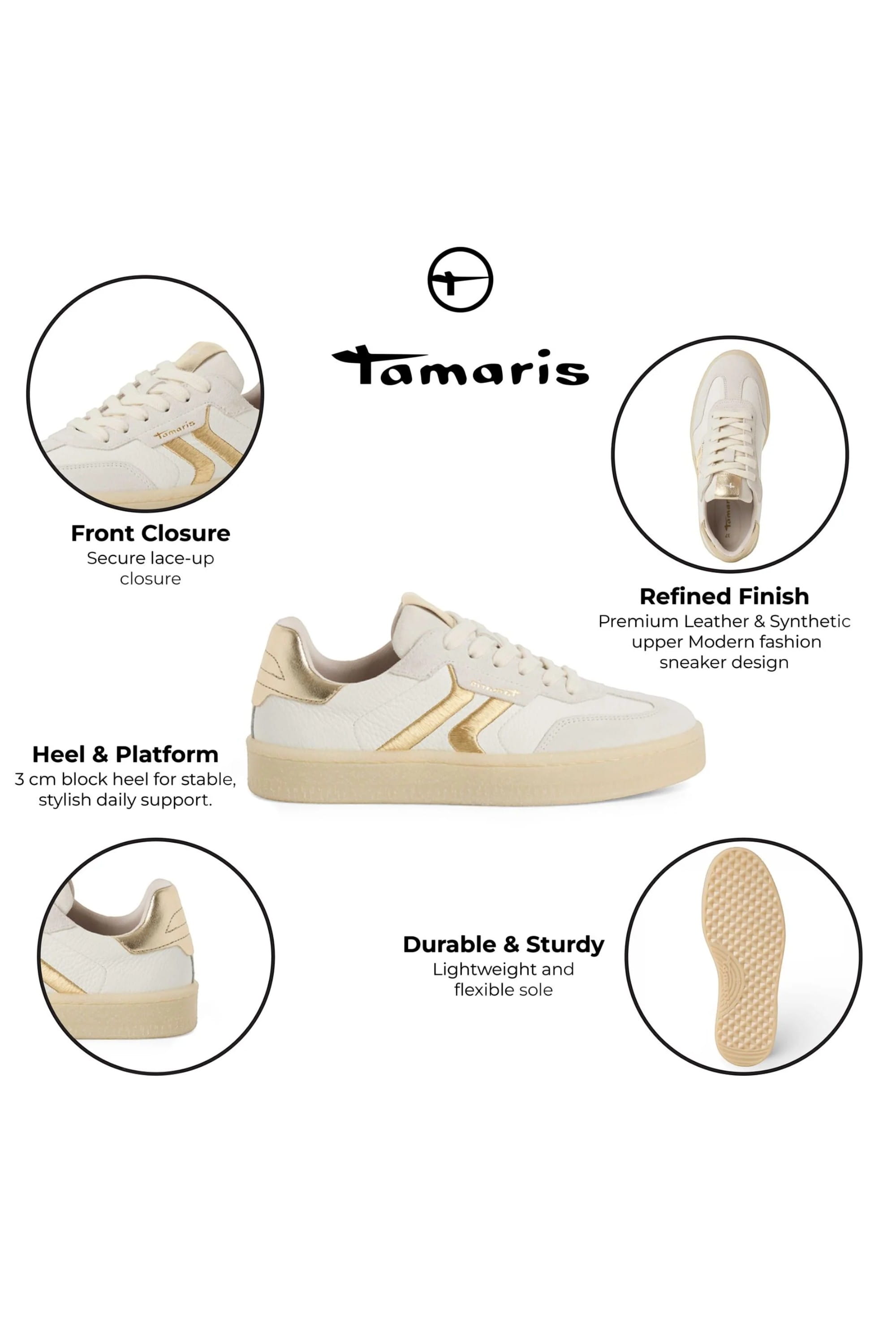 White Tamaris White Tamaris Womens White Gold Stripe Sneaker, Image 2 of 6