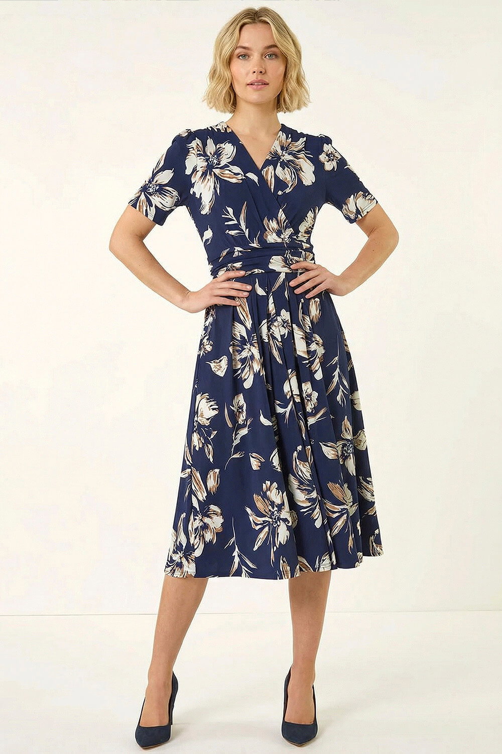Navy Floral Wrap Midi Dress, Image 3 of 6