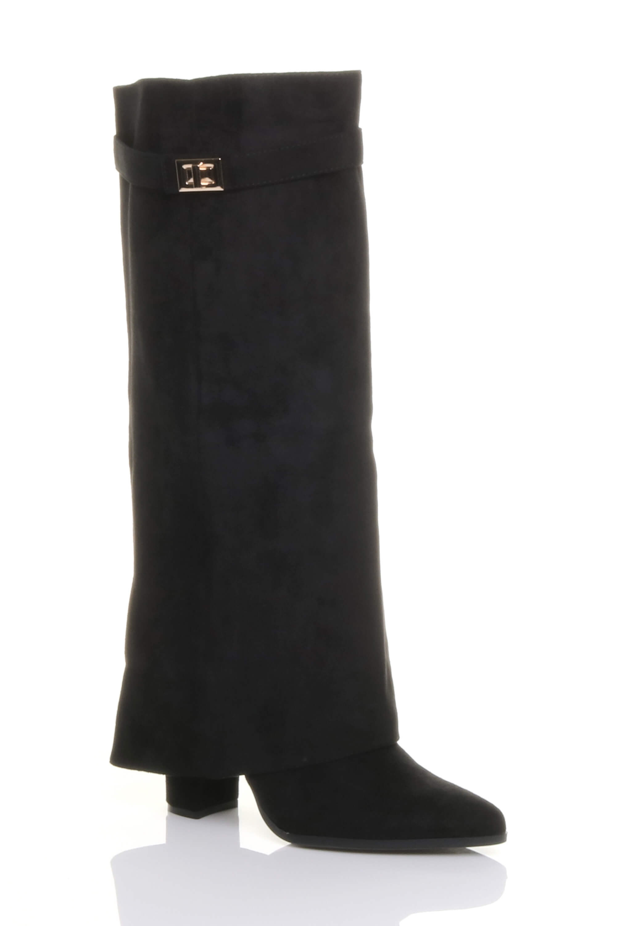 Black AJVANI Black High Block Heel Pointed Toe Fold Over Knee Boots, Image 2 of 4