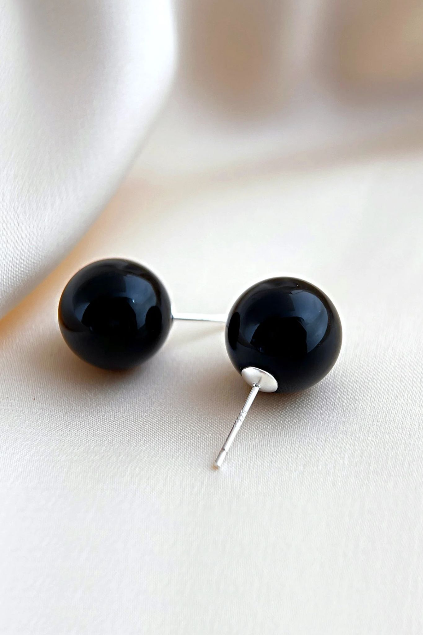Black Glass Ball Stud Earrings 12mm, Image 3 of 3
