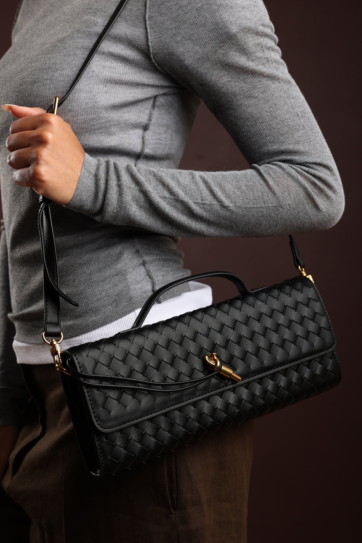 Black Petal Envelope Style Woven Clutch Bag, Image 8 of 8