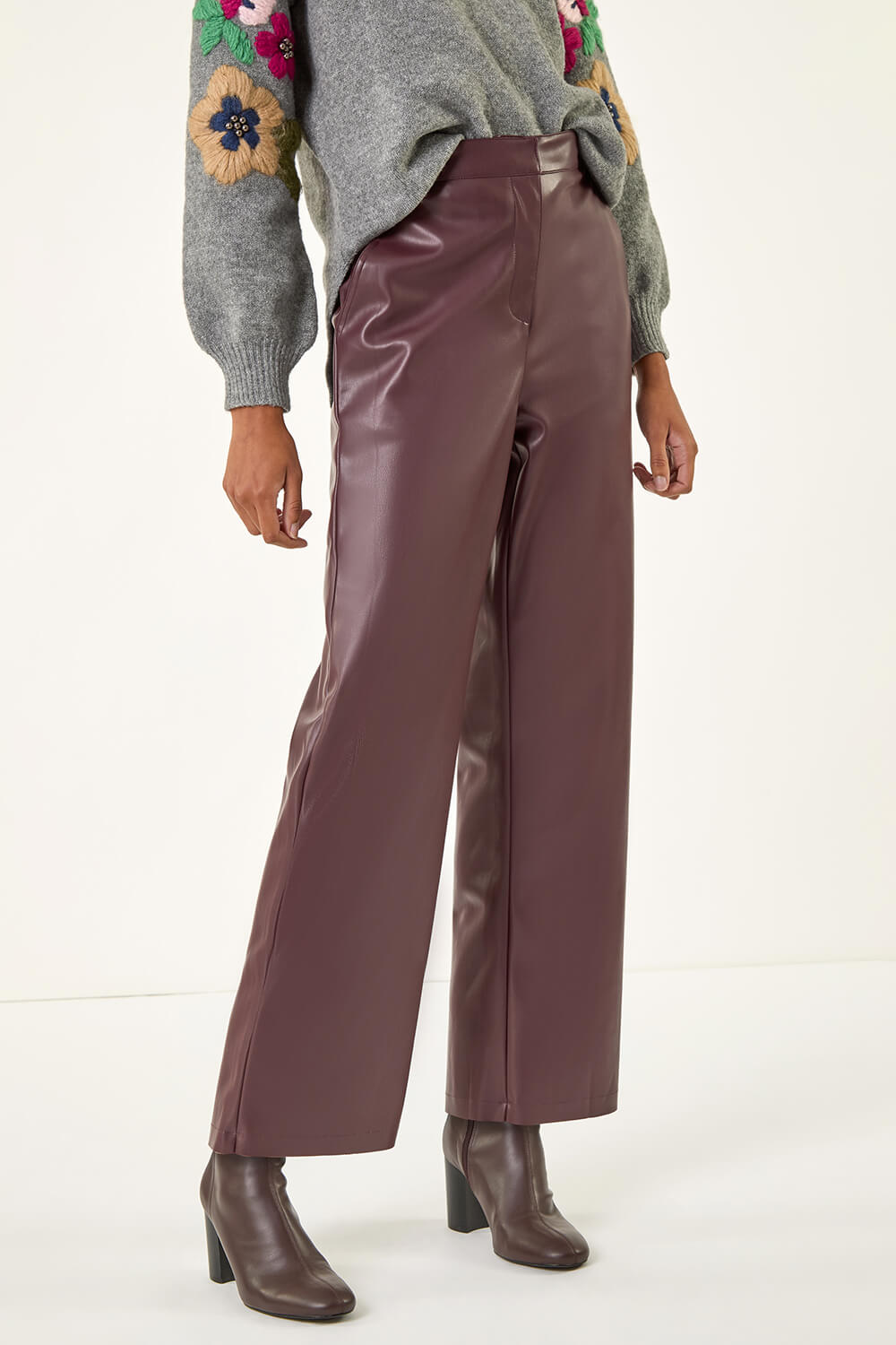 Wine Faux Leather Wide Leg Crop Trousers, Image 5 of 5