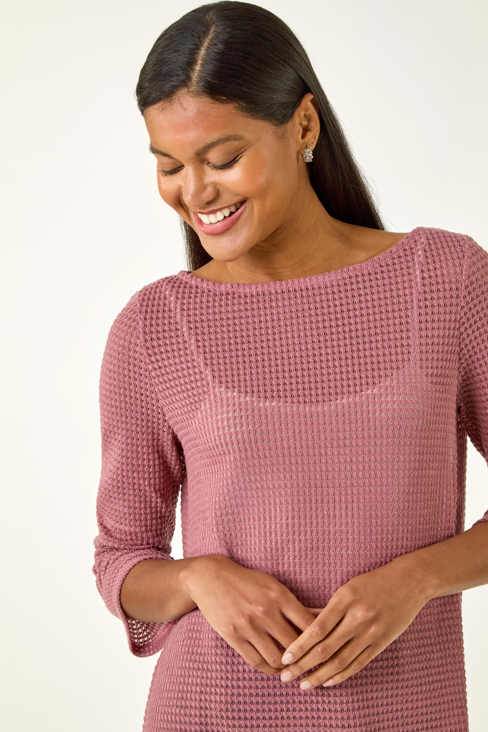 PINK Crochet Knit Tunic Stretch Top, Image 5 of 5