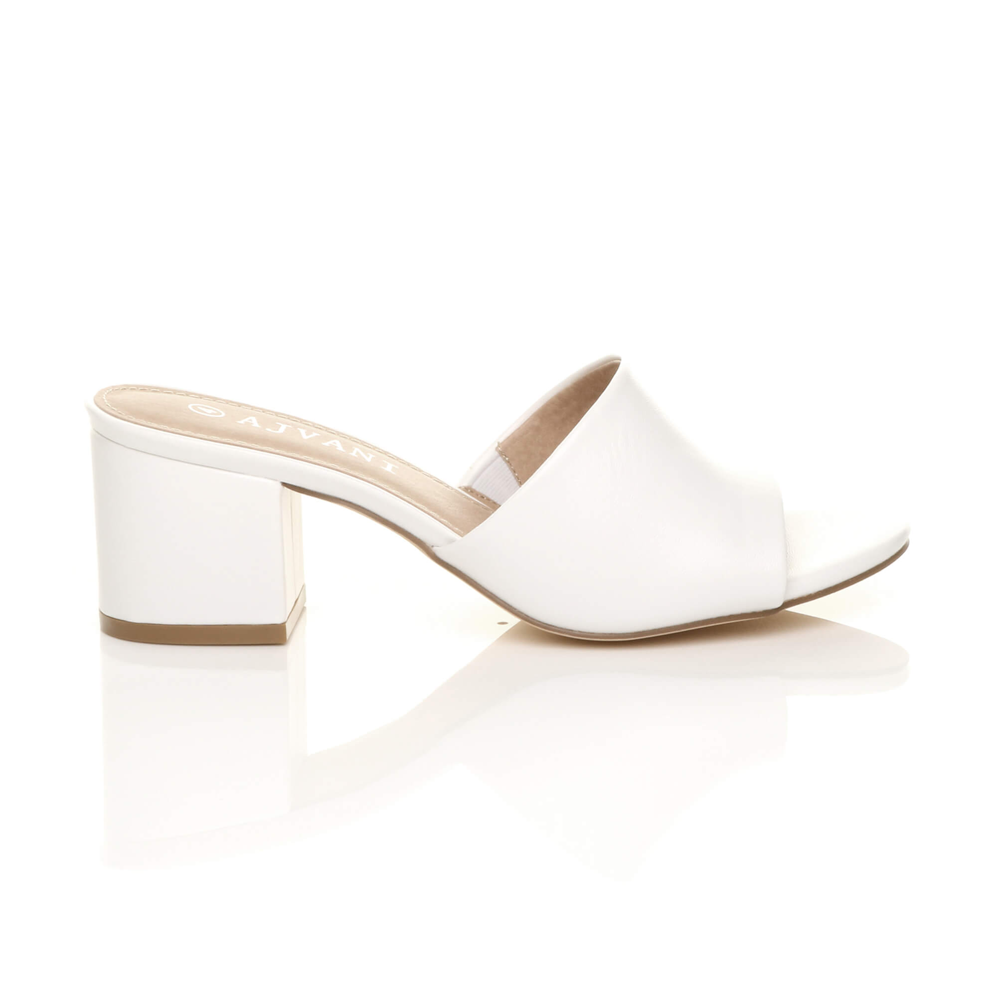 White AJVANI White Mid Block Heel Peep Toe Mules Sandals, Image 2 of 6