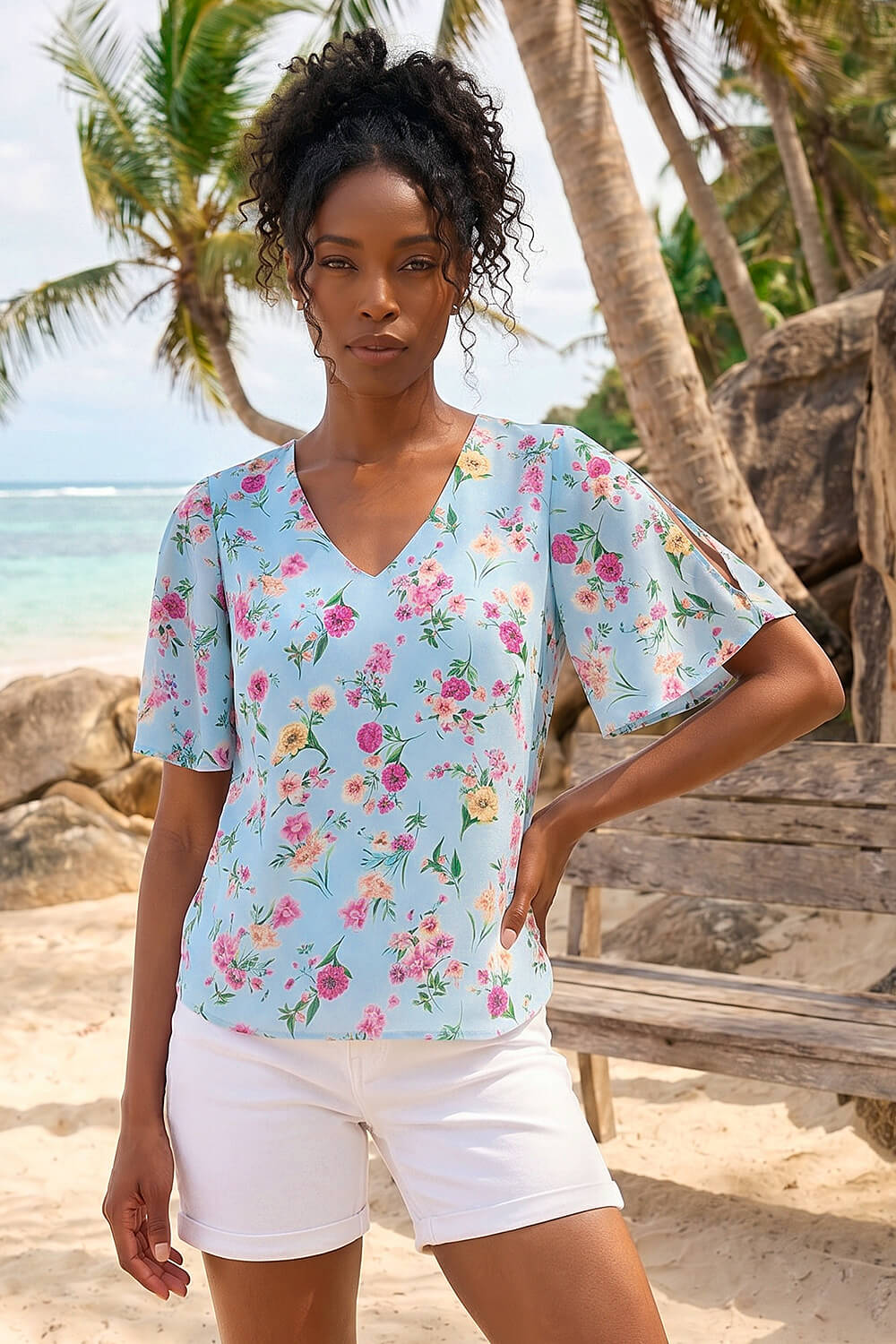 Roman Women's Light Blue Floral Print Angel Sleeve Top Size 16