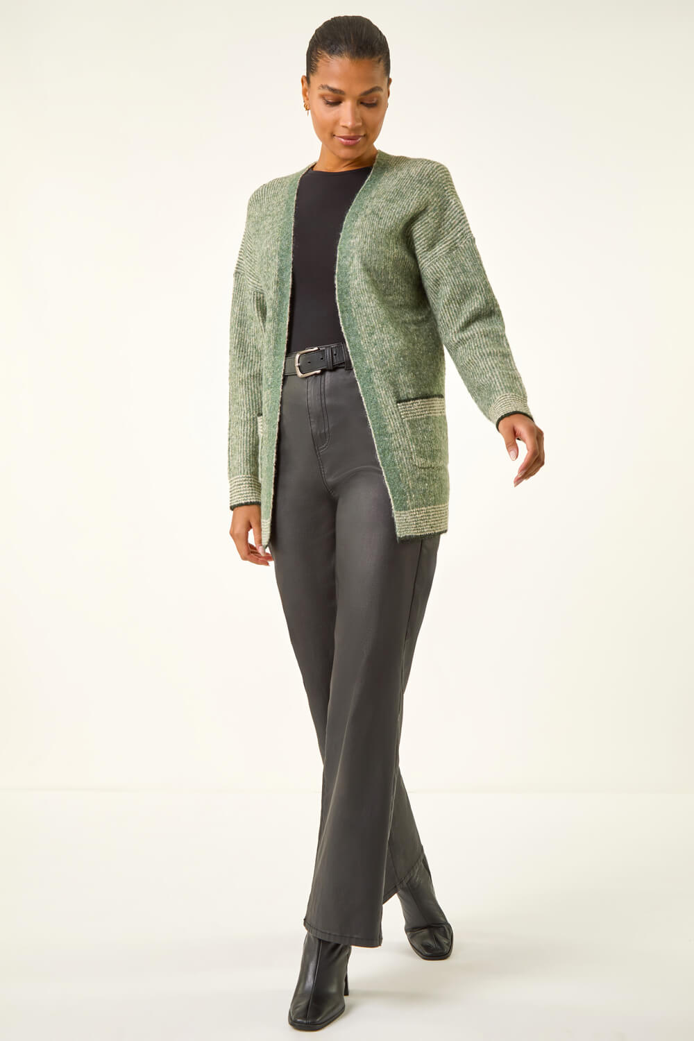 Green Soft Knit Pocket Cardigan, Image 3 of 5